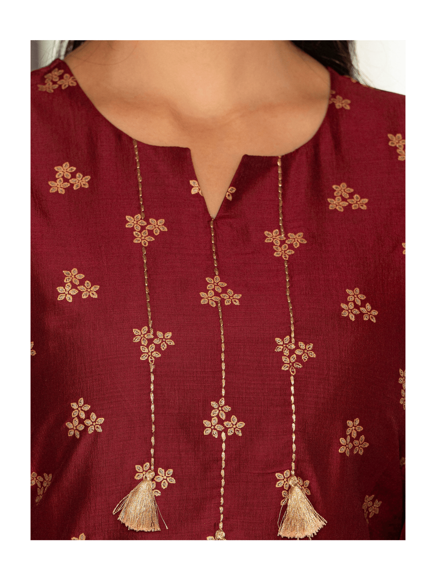 Embroidered Chanderi Gold foil Straight Maroon Kurta