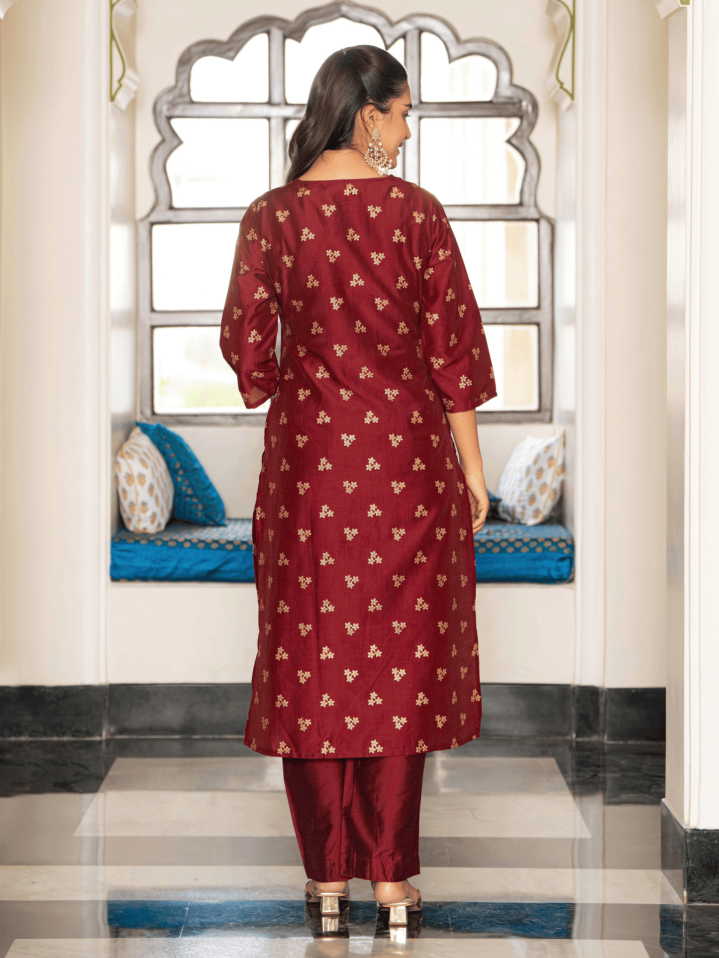 Embroidered Chanderi Gold foil Straight Maroon Kurta