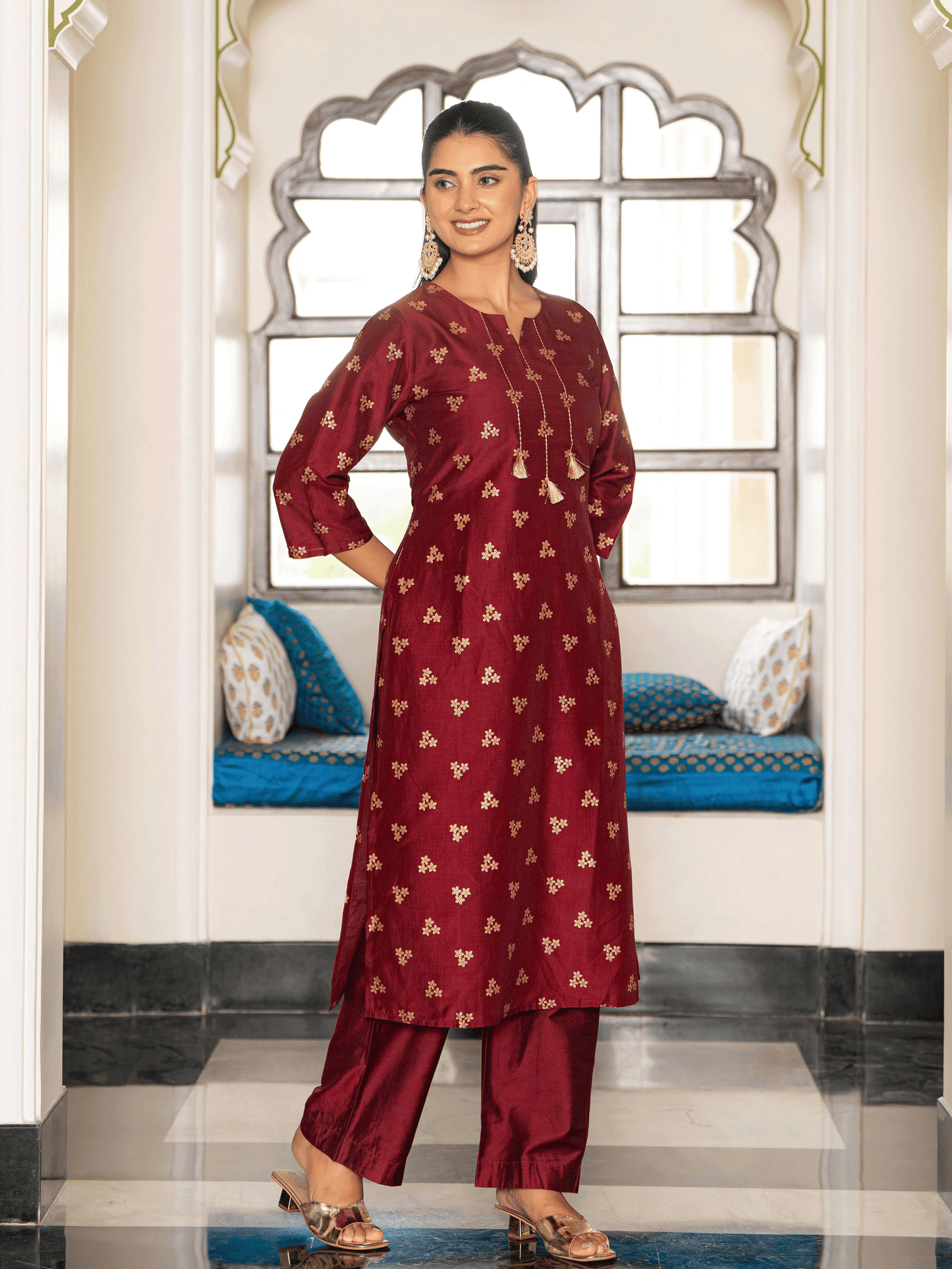 Embroidered Chanderi Gold foil Straight Maroon Kurta