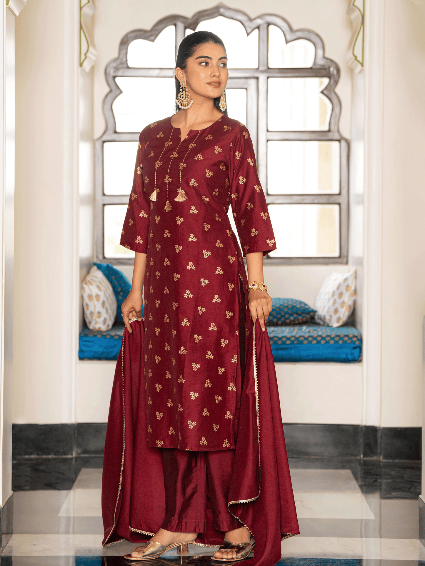 Embroidered Chanderi Gold foil Straight Maroon Kurta