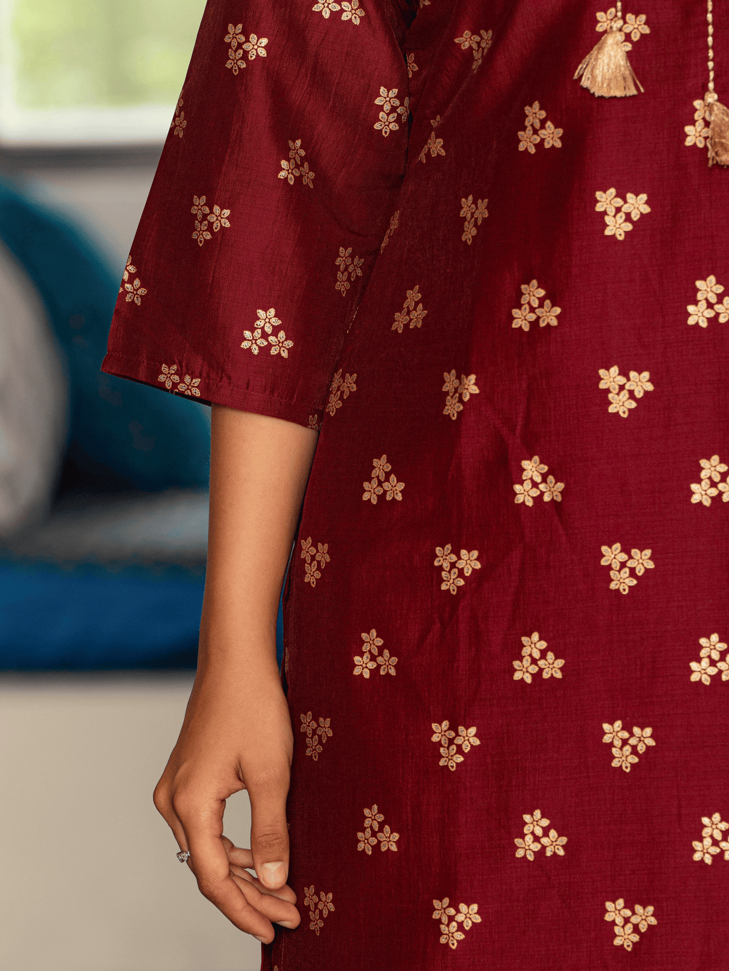 Embroidered Chanderi Gold foil Straight Maroon Kurta