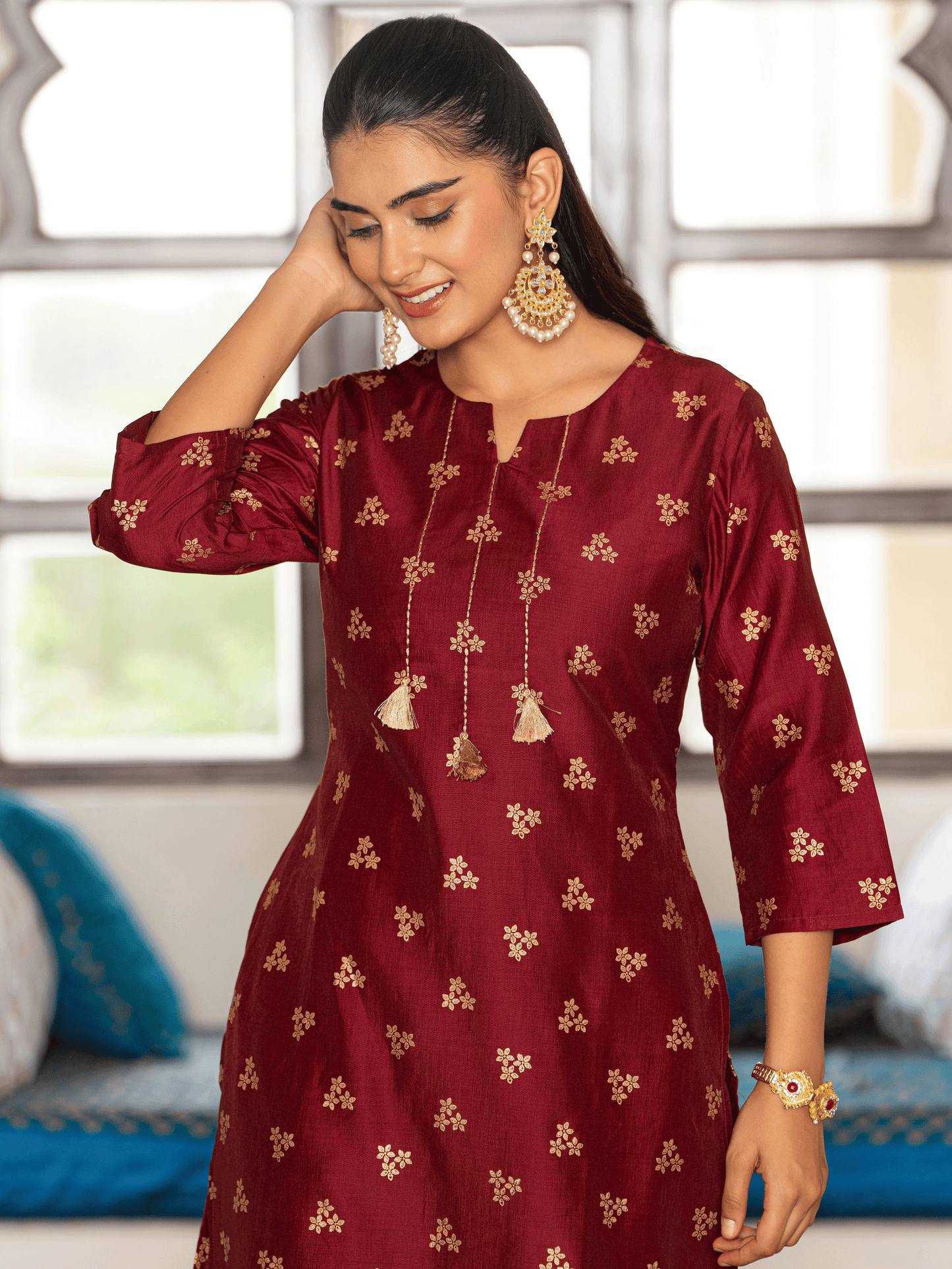 Embroidered Chanderi Gold foil Straight Maroon Kurta