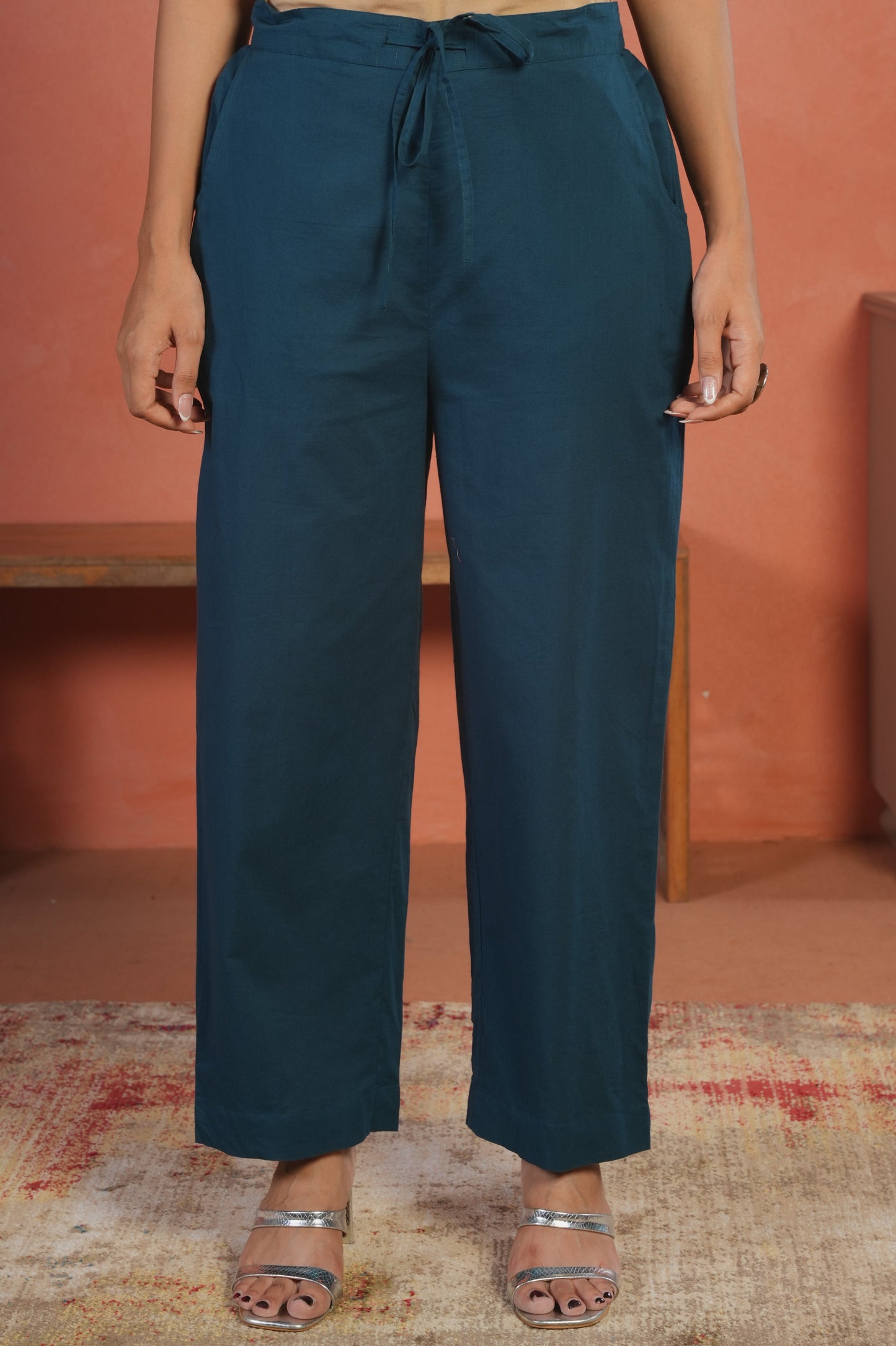 Soft Cotton Solid Teal Straight Trousers