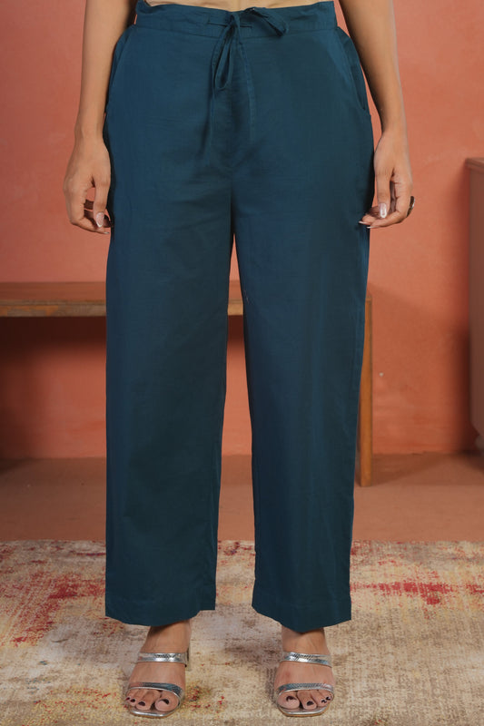 Soft Cotton Solid Teal Straight Trousers