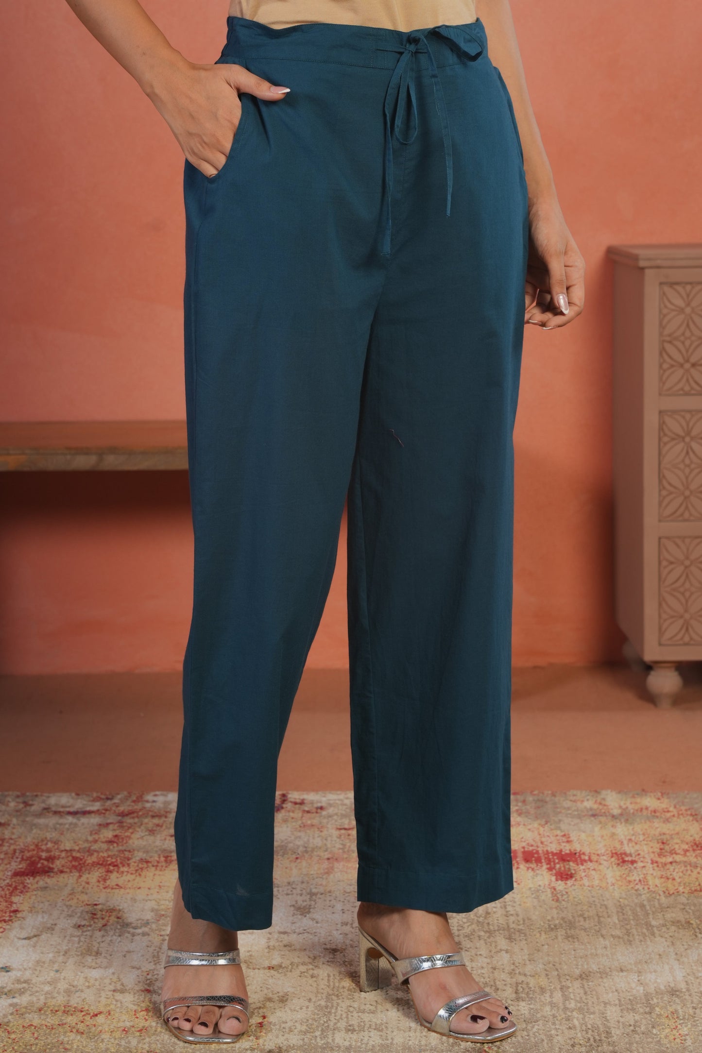 Soft Cotton Solid Teal Straight Trousers