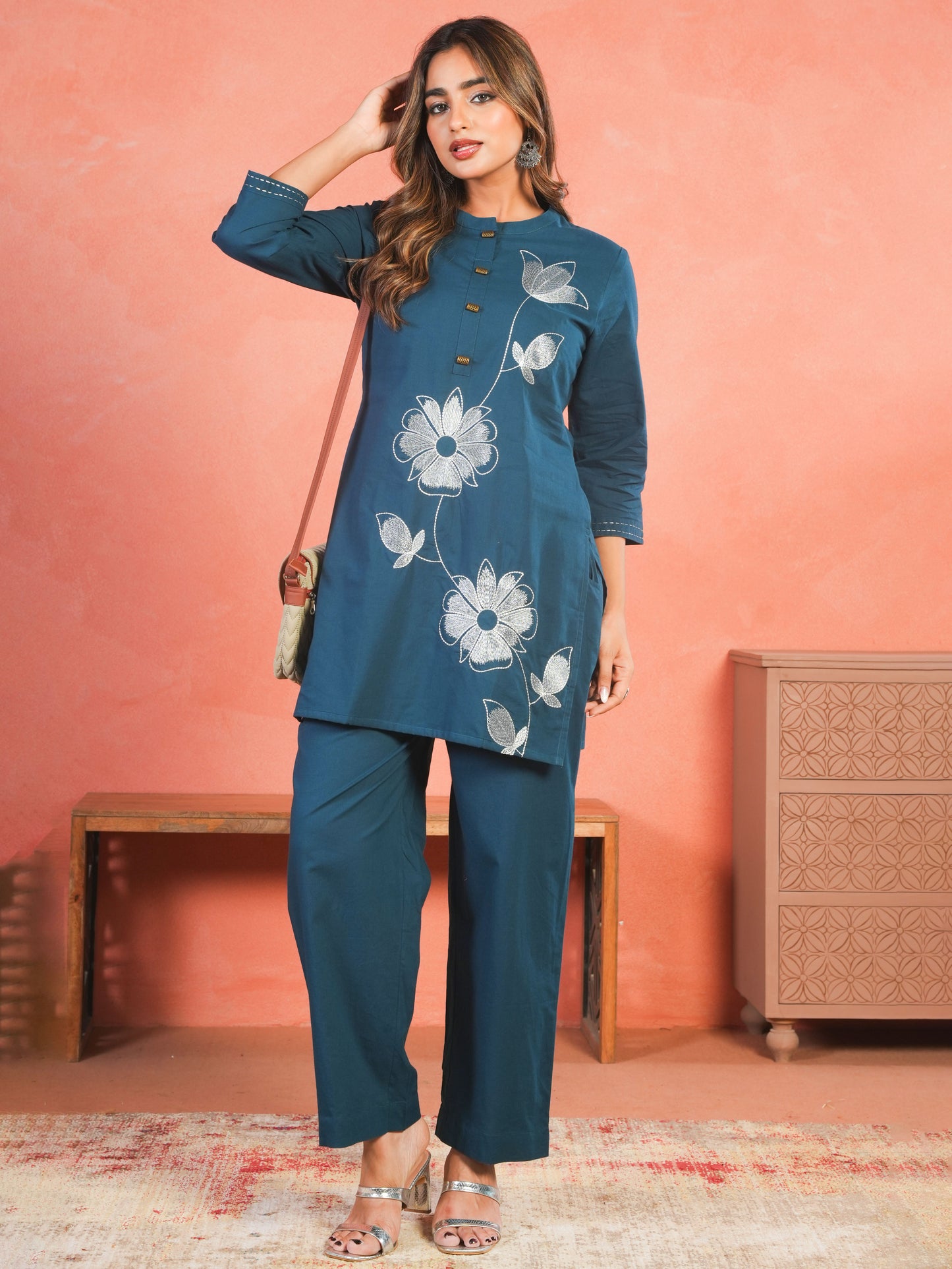 Embroidered Soft Cotton Solid Straight Teal Kurta