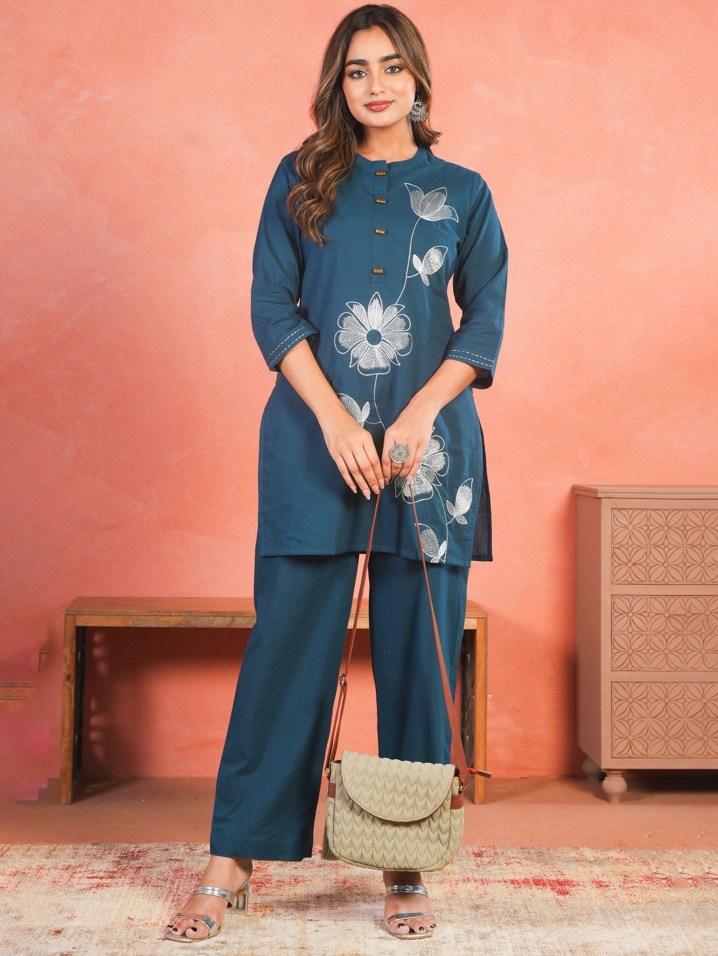 Embroidered Soft Cotton Solid Straight Teal Kurta