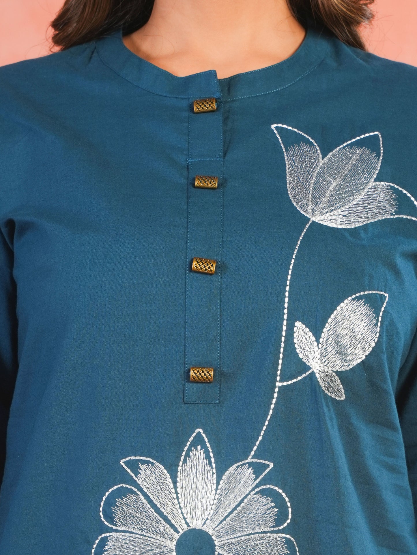 Embroidered Soft Cotton Solid Straight Teal Kurta