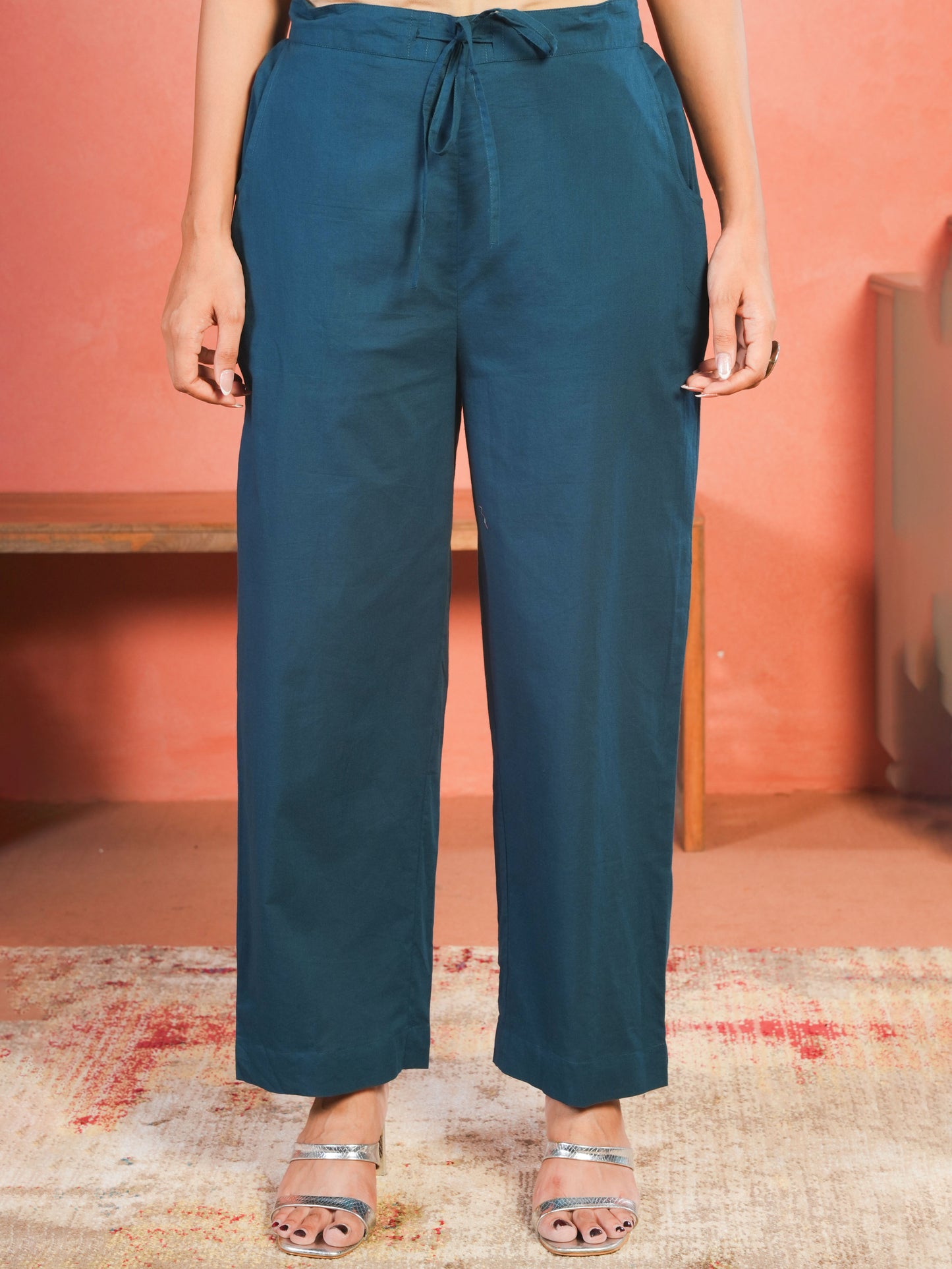 Embroidered Soft Cotton Solid Straight Teal Kurta