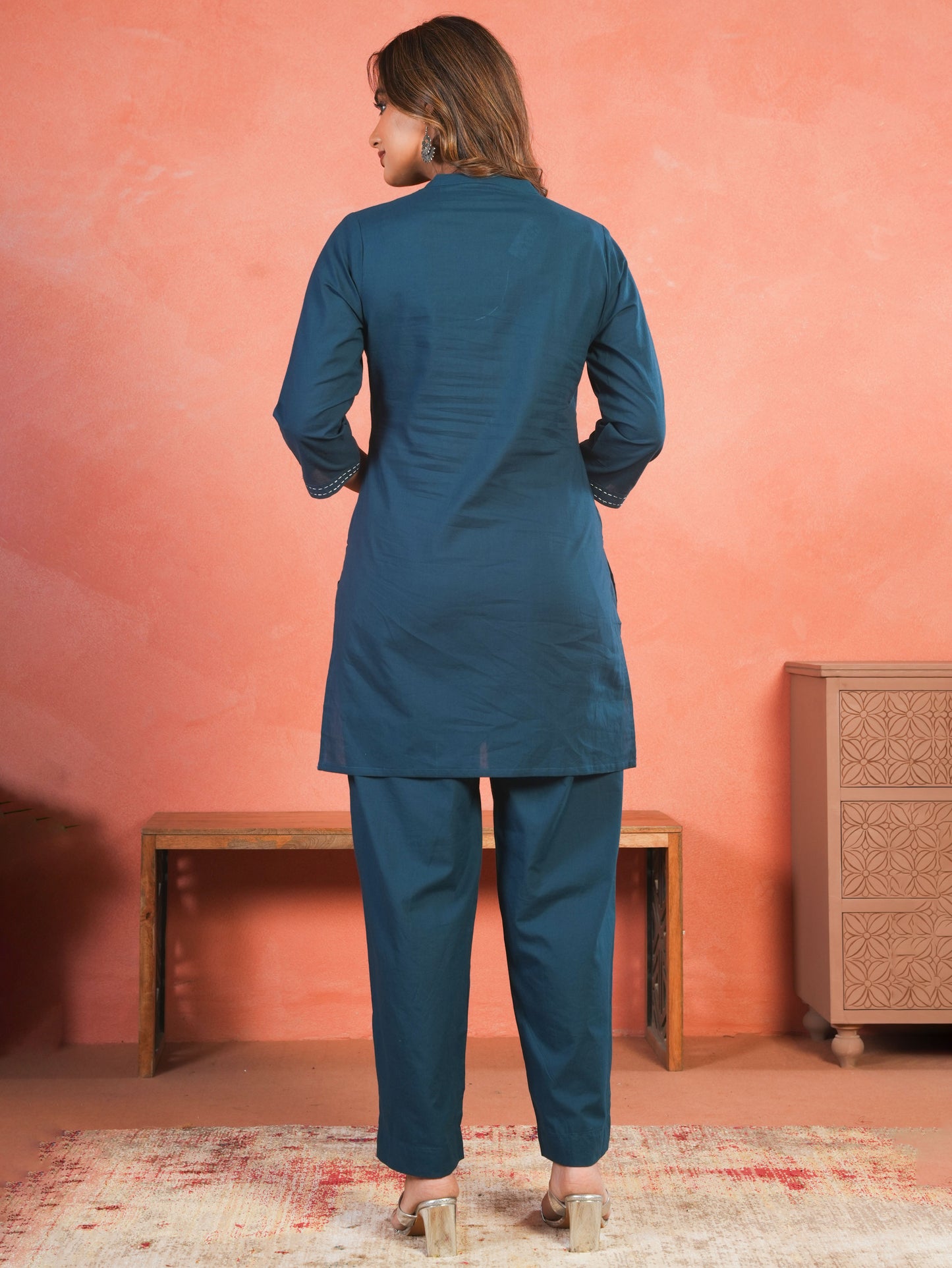 Embroidered Soft Cotton Solid Straight Teal Kurta