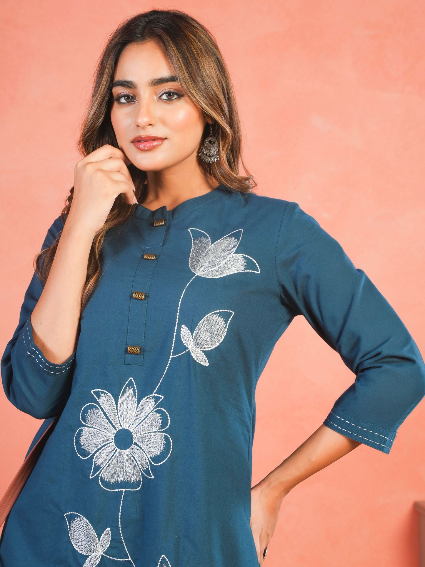 Embroidered Soft Cotton Solid Straight Teal Kurta