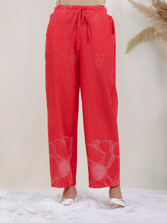 Soft Cotton Bandhani Rust Straight Trousers
