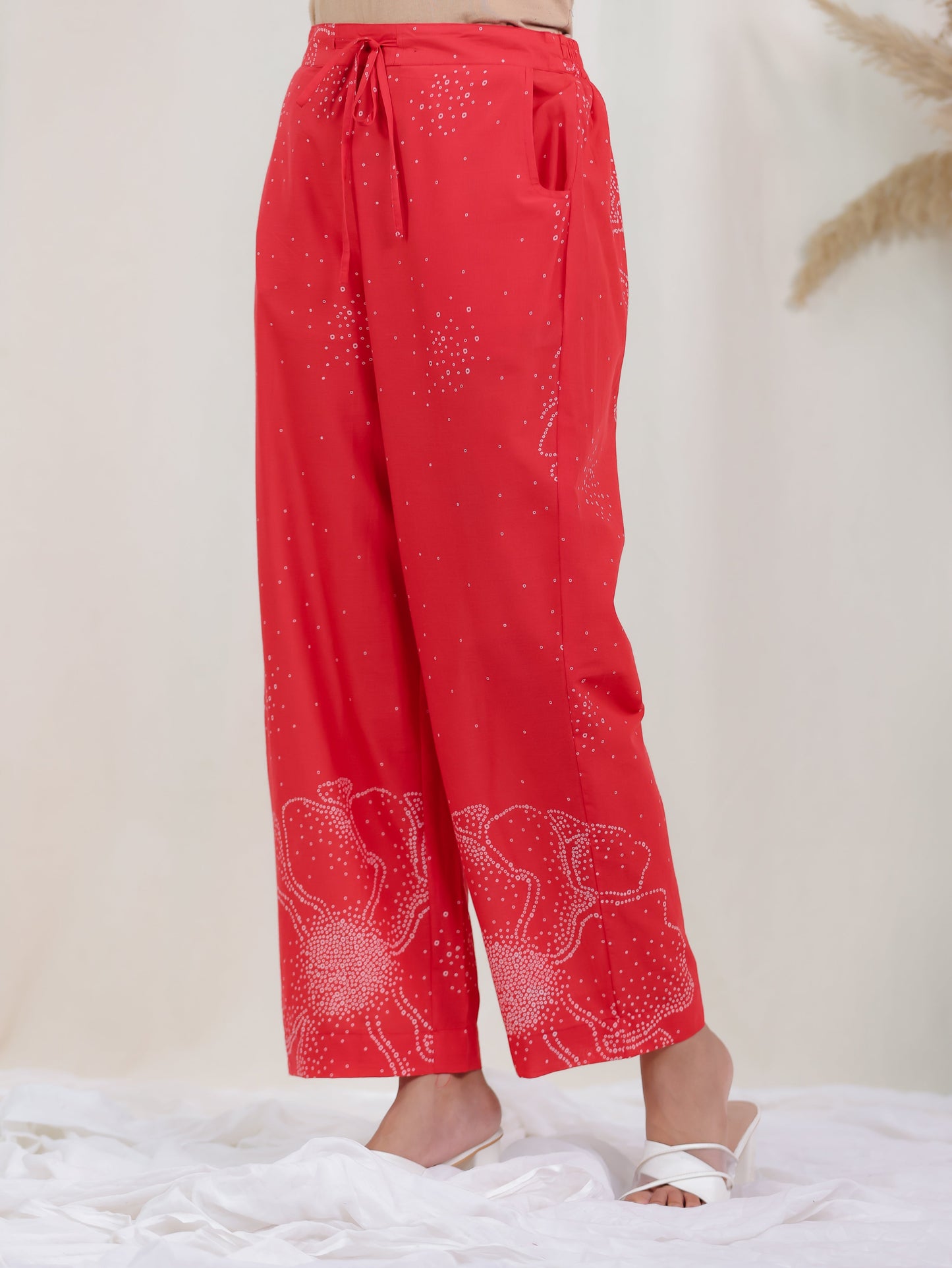 Soft Cotton Bandhani Rust Straight Trousers