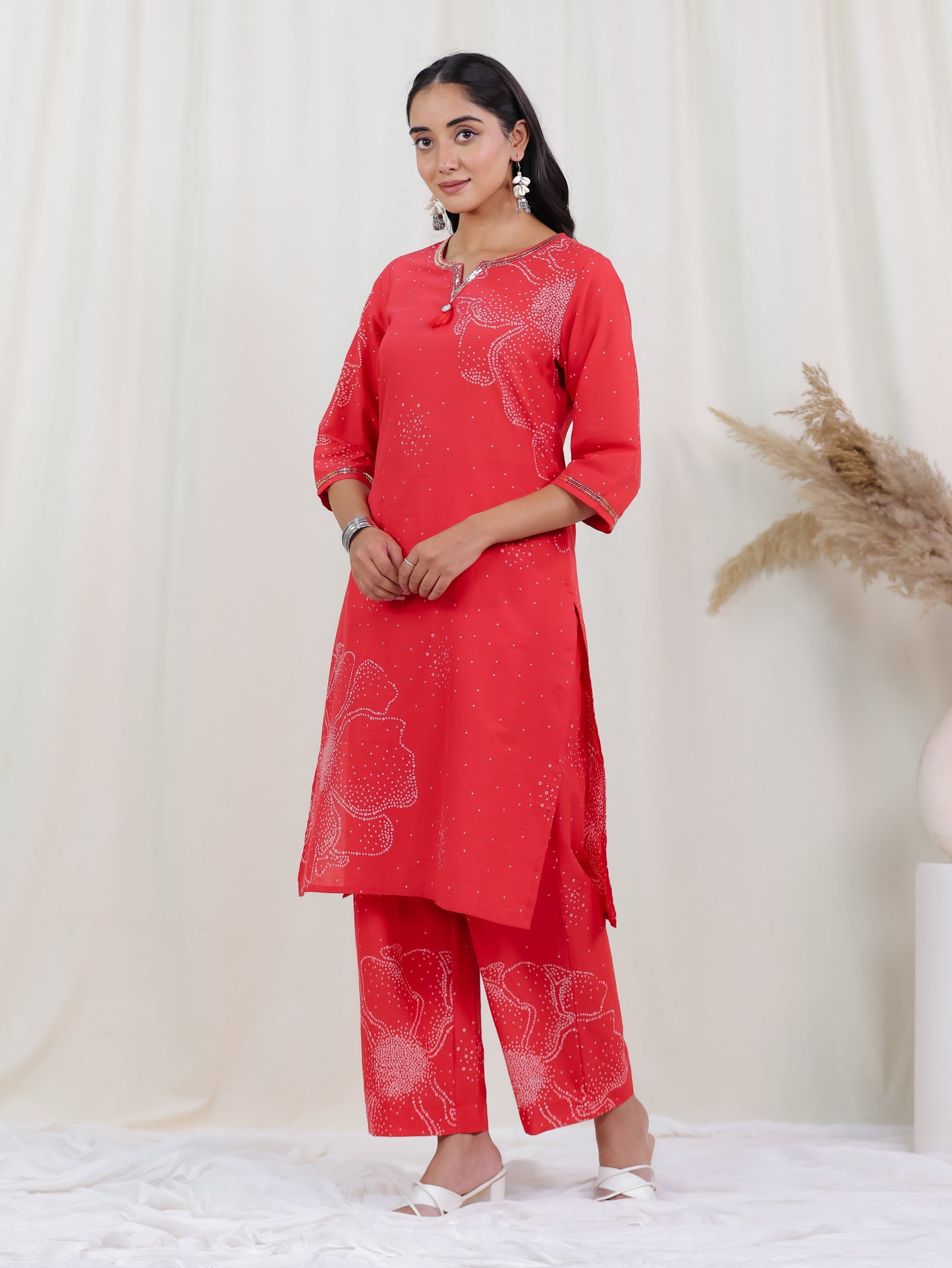 Embroidered Soft Cotton Bandhani Straight Rust Kurta