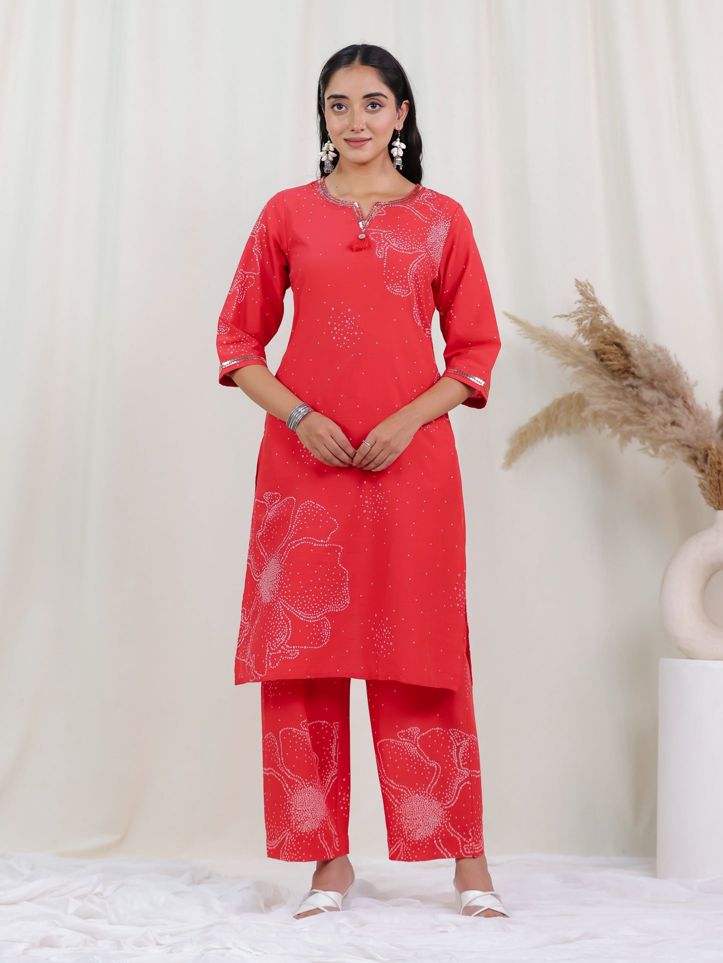 Embroidered Soft Cotton Bandhani Straight Rust Kurta
