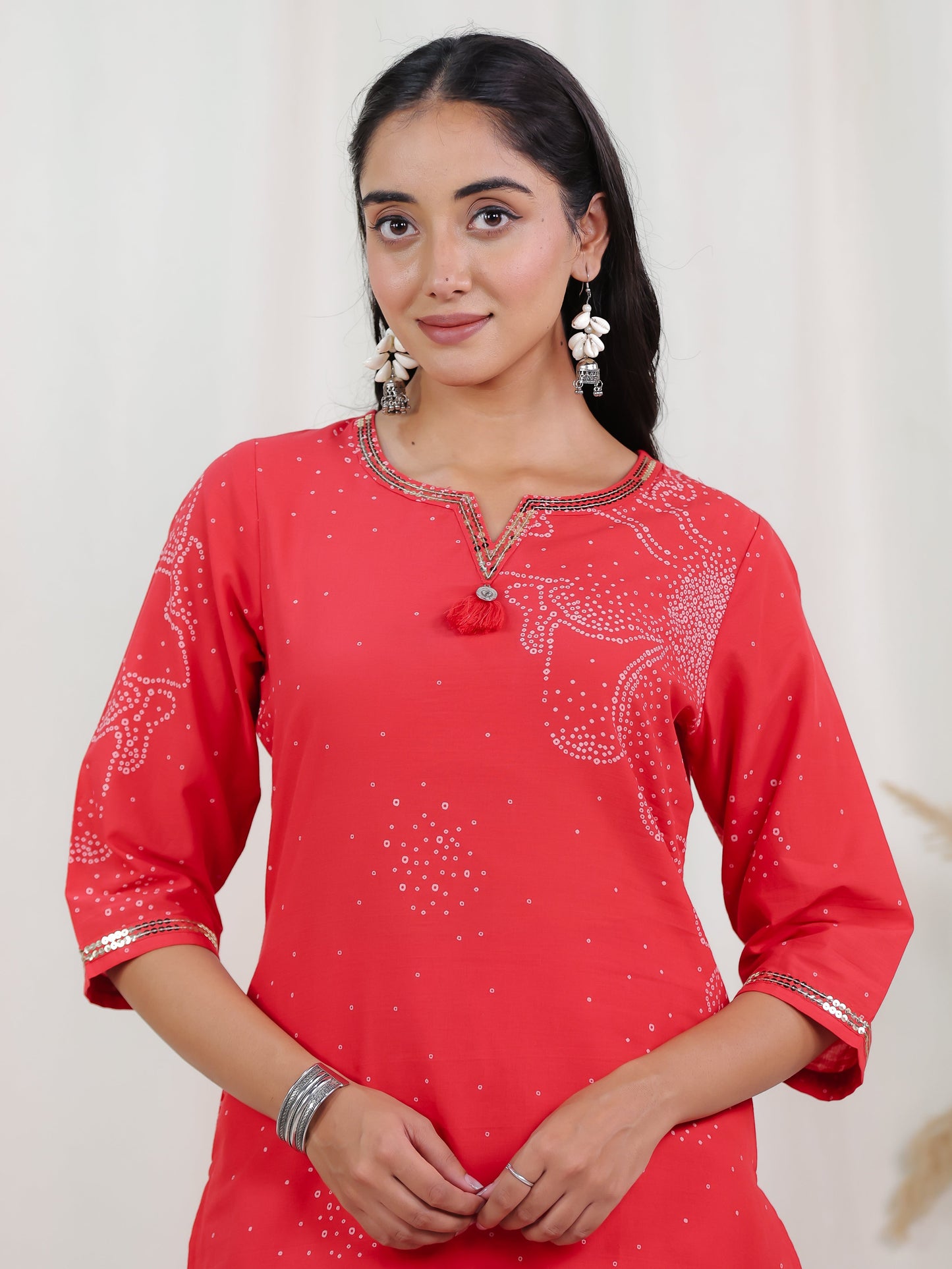 Embroidered Soft Cotton Bandhani Straight Rust Kurta