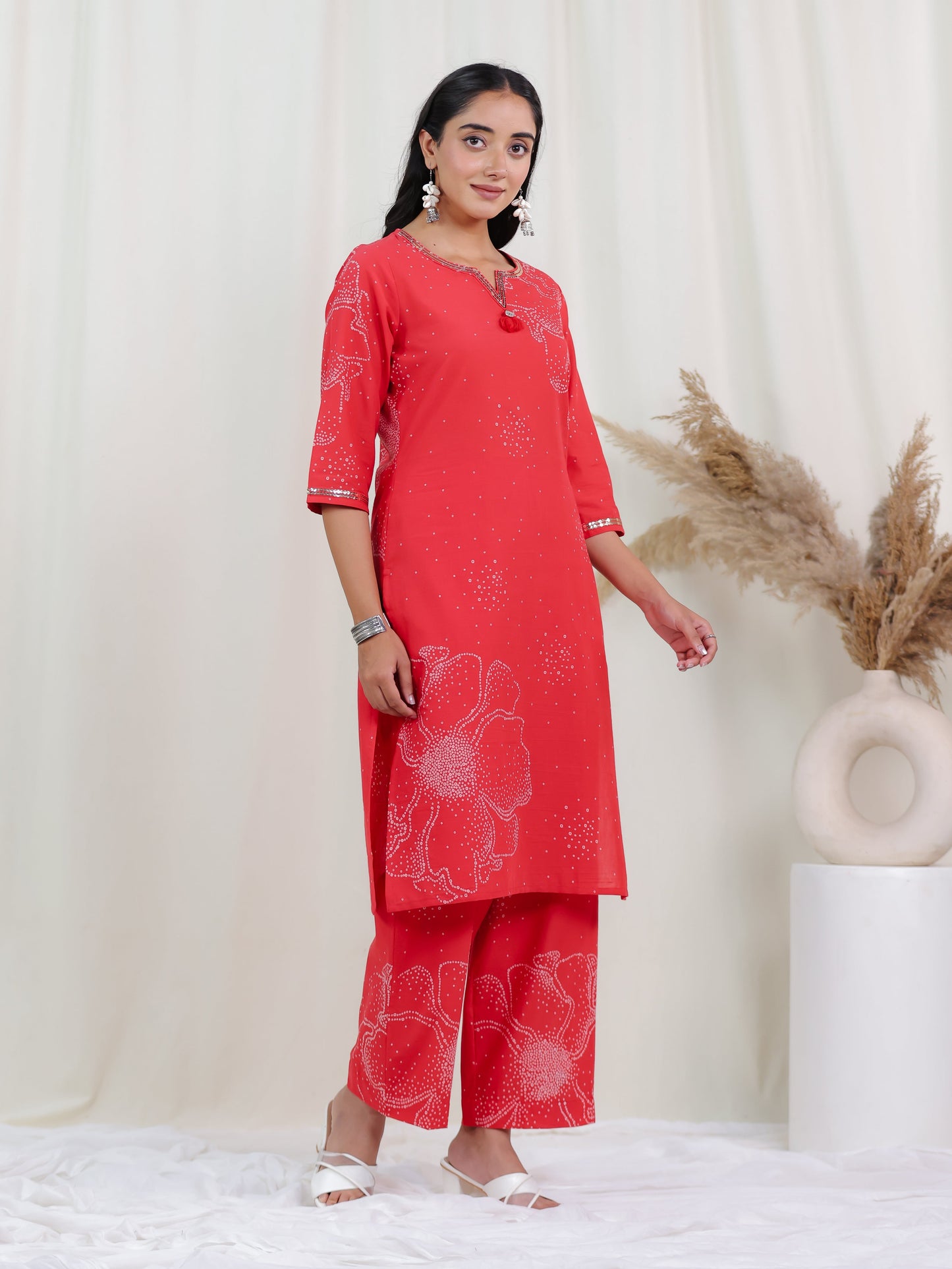 Embroidered Soft Cotton Bandhani Straight Rust Kurta
