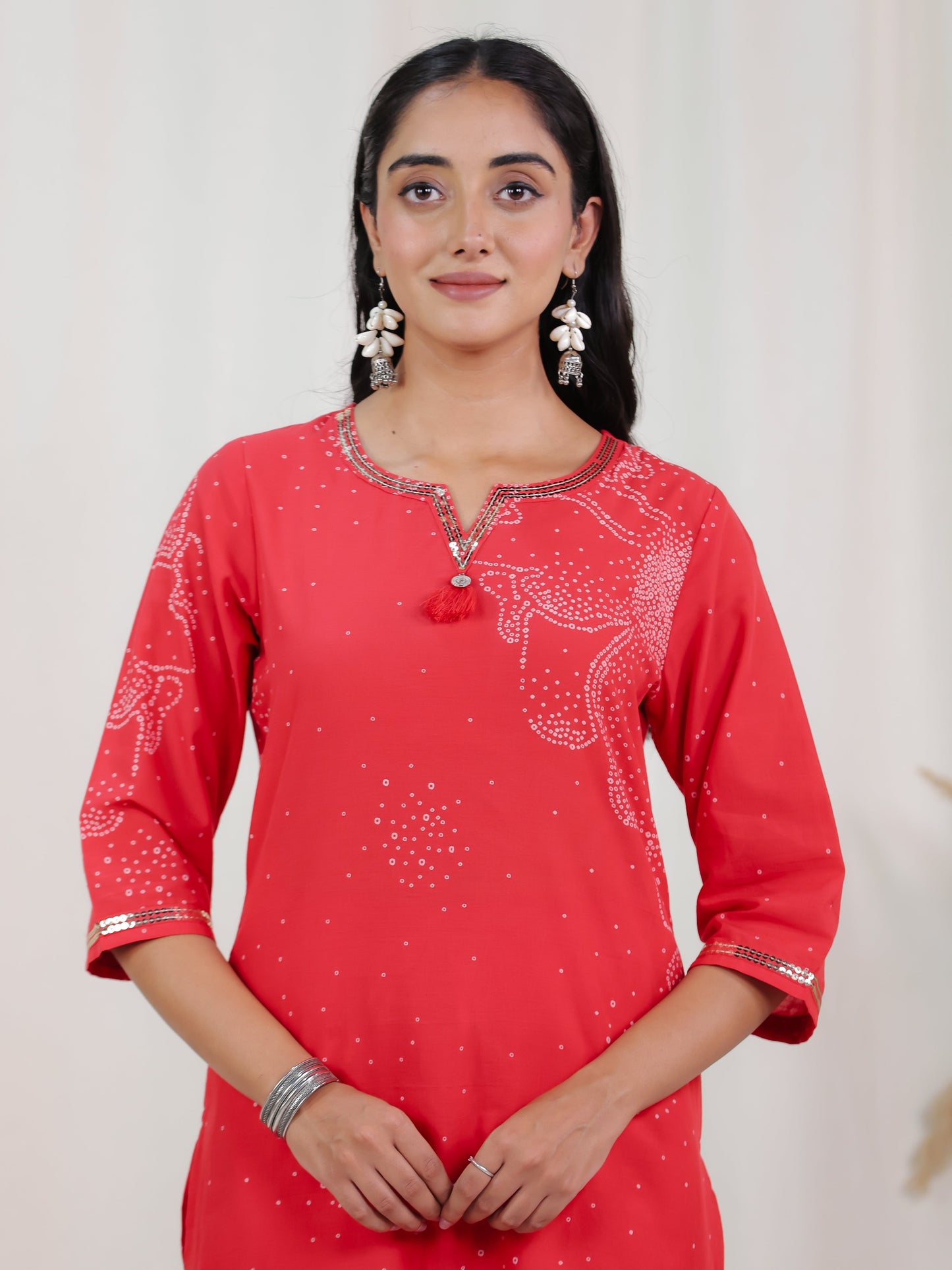 Embroidered Soft Cotton Bandhani Straight Rust Kurta