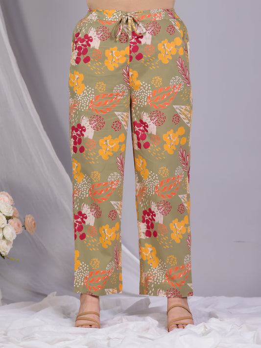 Soft Cotton Floral Olive Straight Trousers