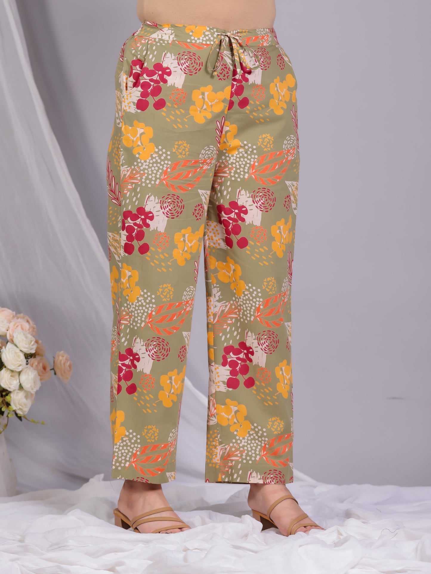 Soft Cotton Floral Olive Straight Trousers