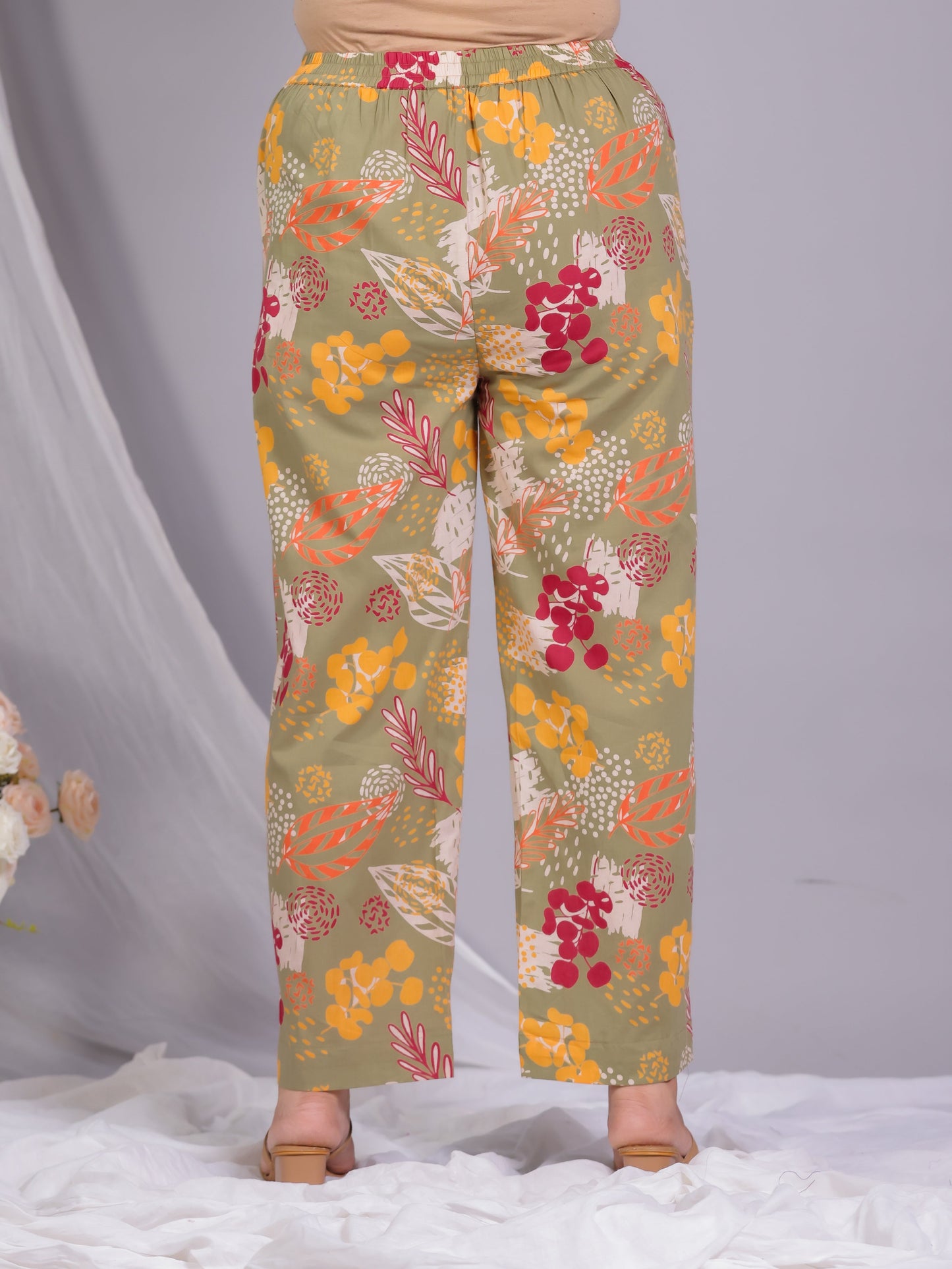 Soft Cotton Floral Olive Straight Trousers