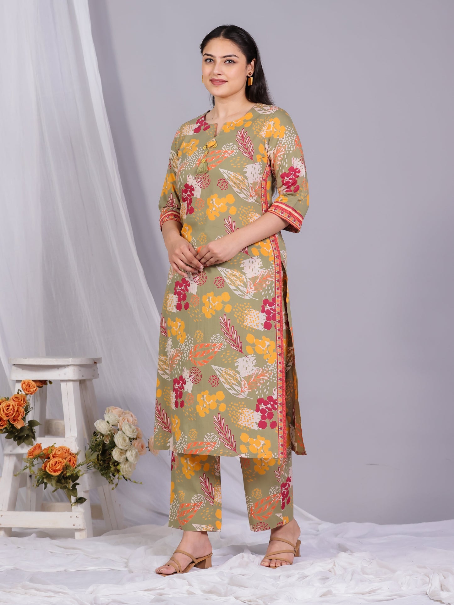 Soft Cotton Floral Straight Olive Kurta