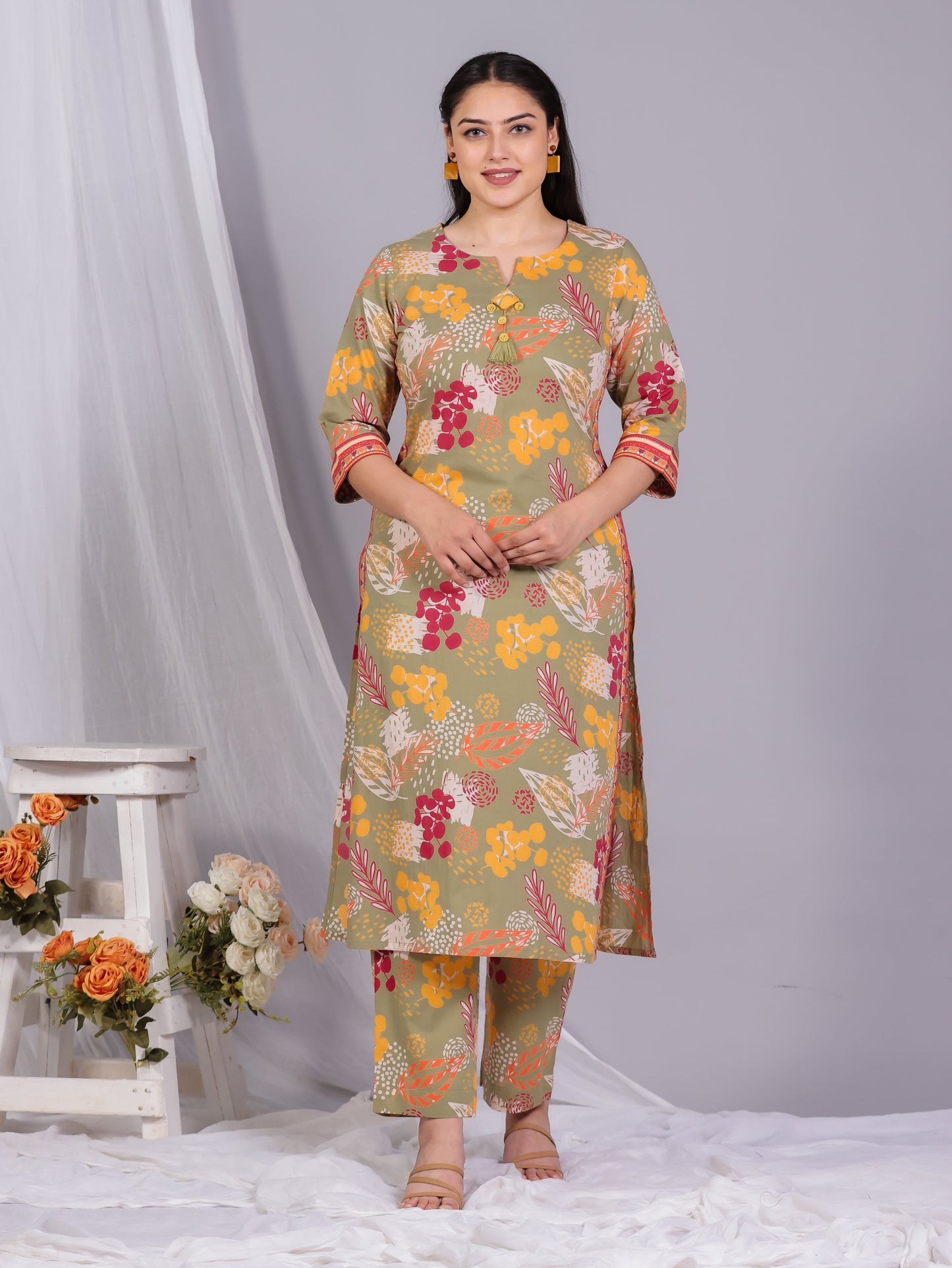 Soft Cotton Floral Straight Olive Kurta