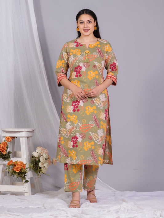 Soft Cotton Floral Straight Olive Kurta