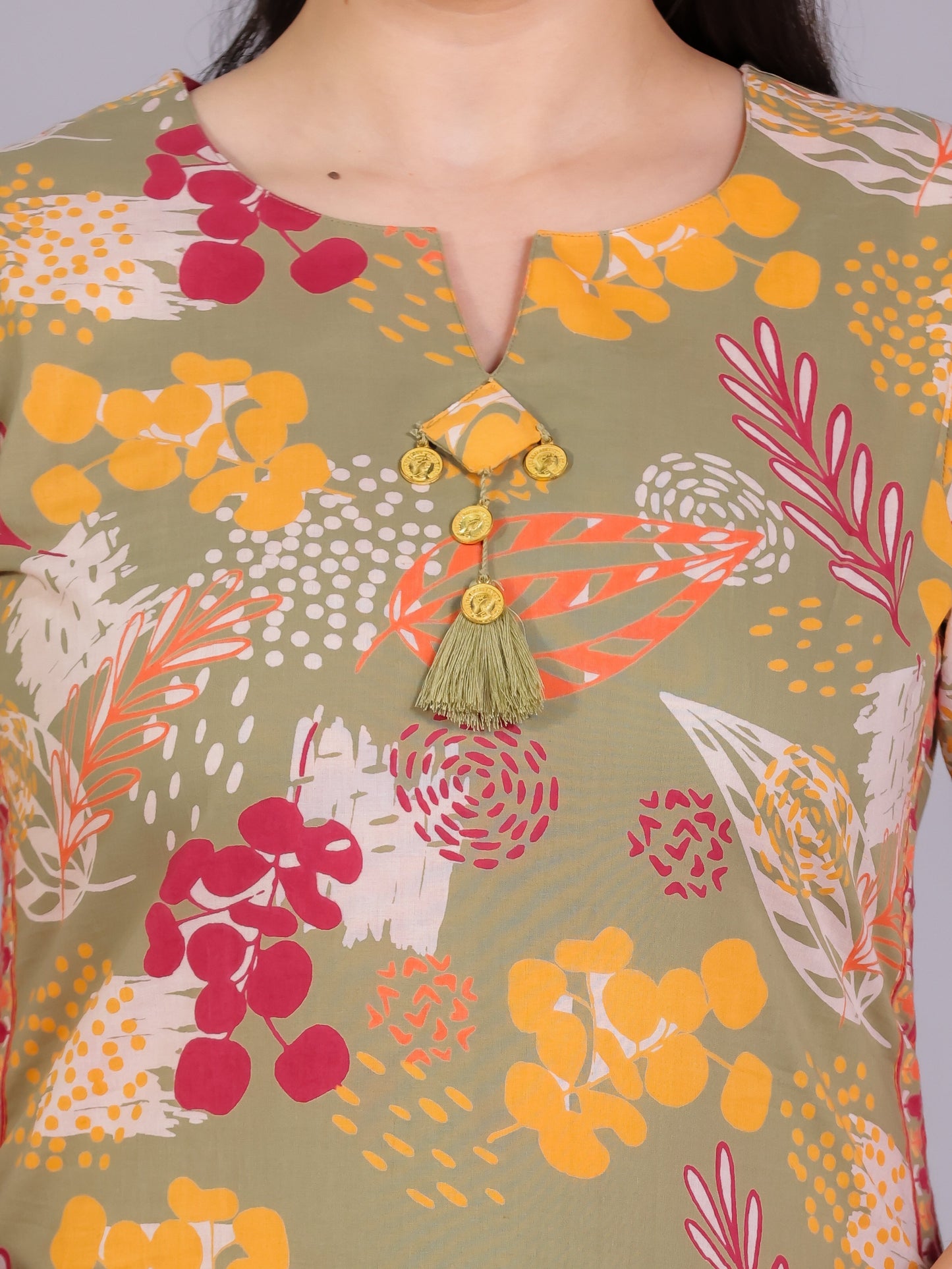 Soft Cotton Floral Straight Olive Kurta