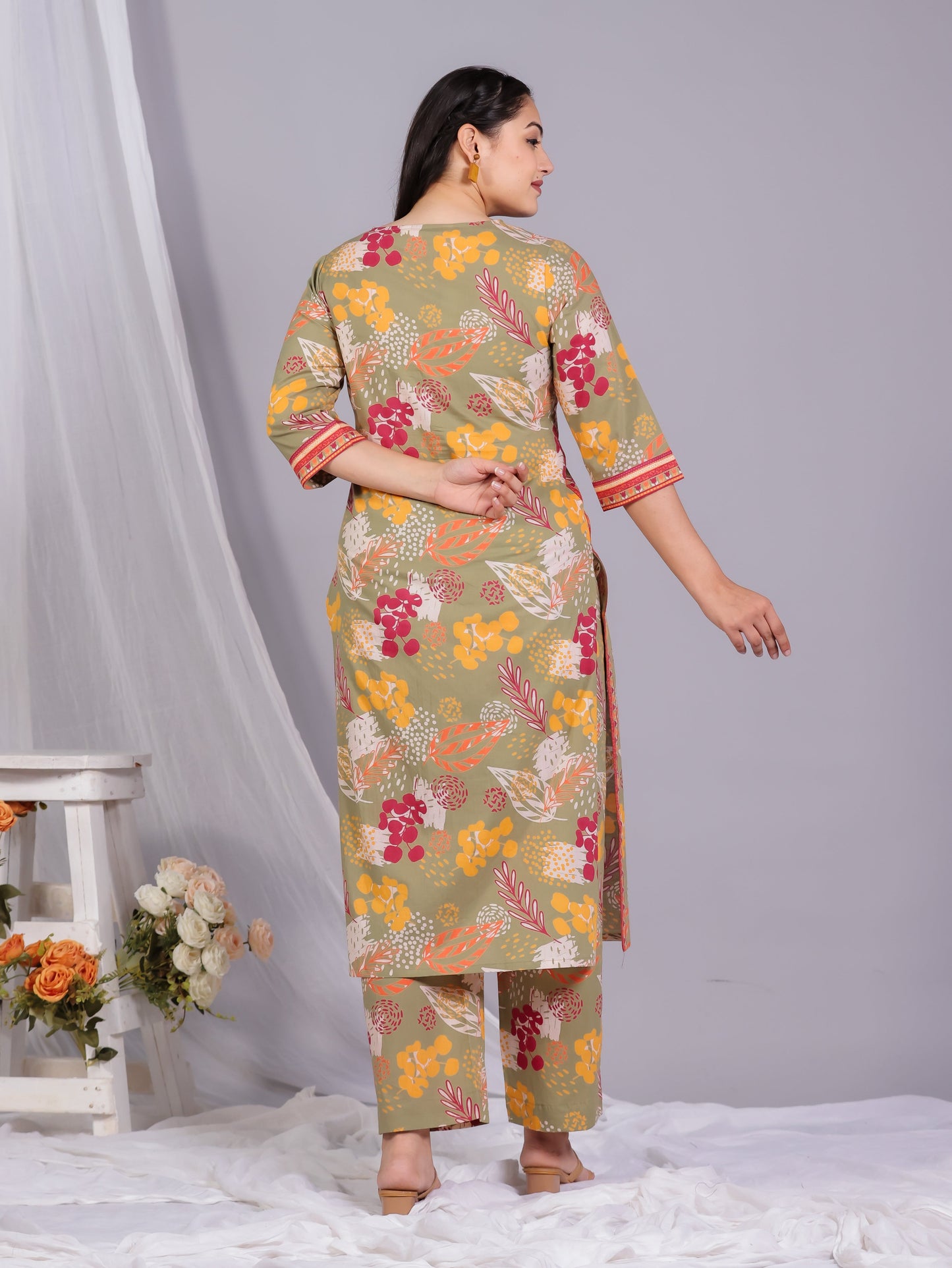 Soft Cotton Floral Straight Olive Kurta