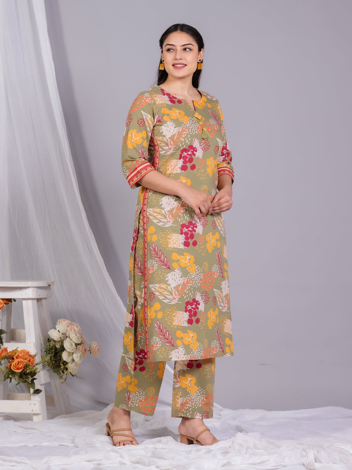 Soft Cotton Floral Straight Olive Kurta