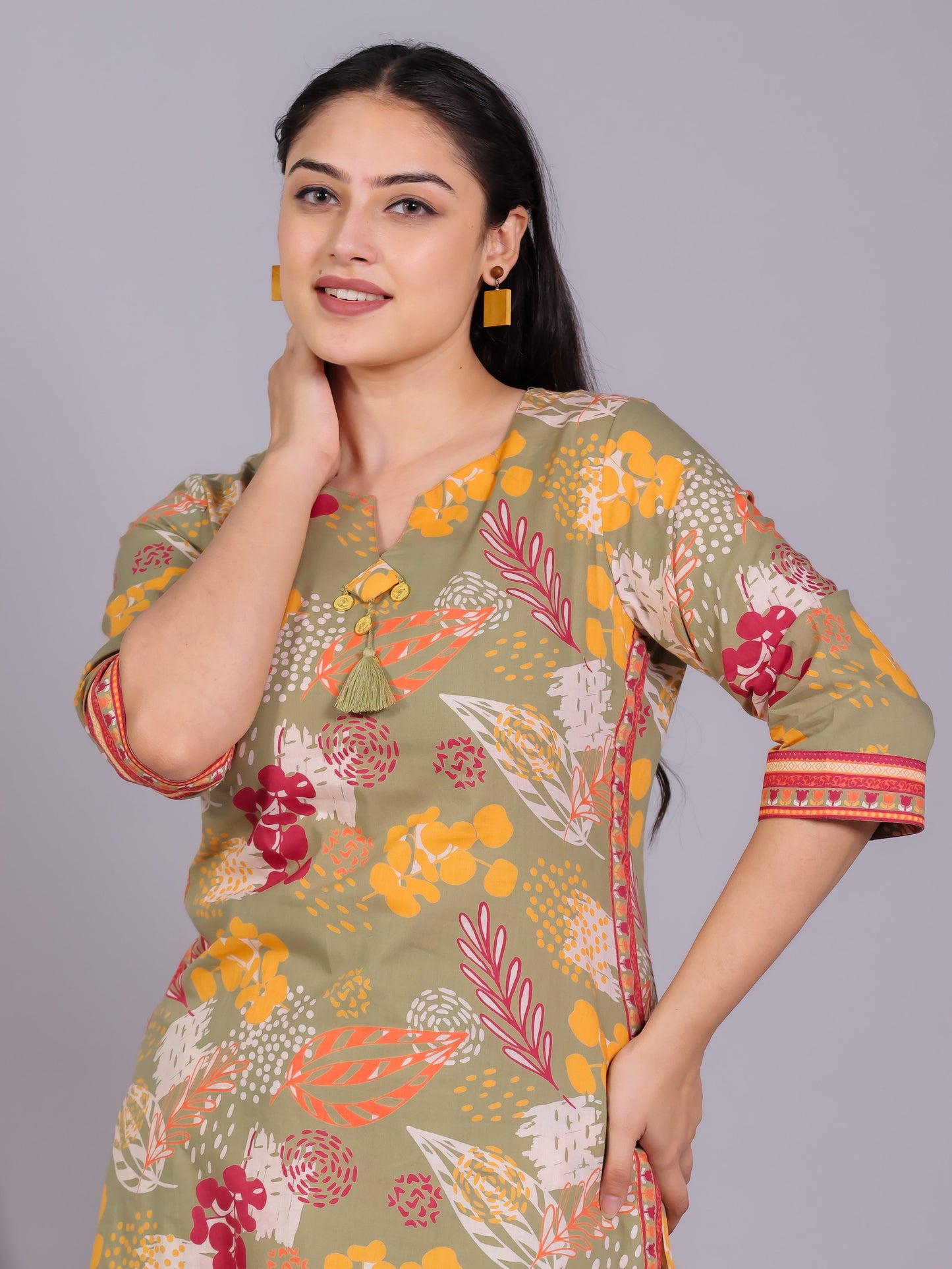 Soft Cotton Floral Straight Olive Kurta