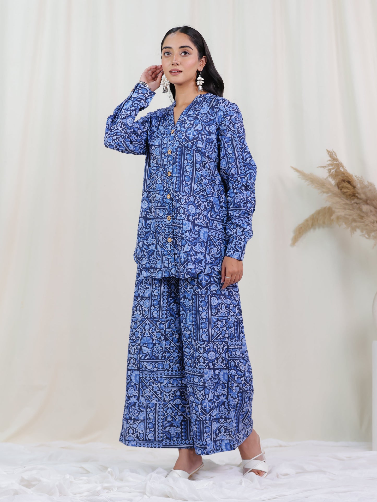 Soft Cotton Patchwork Straight Navy Blue Tunic