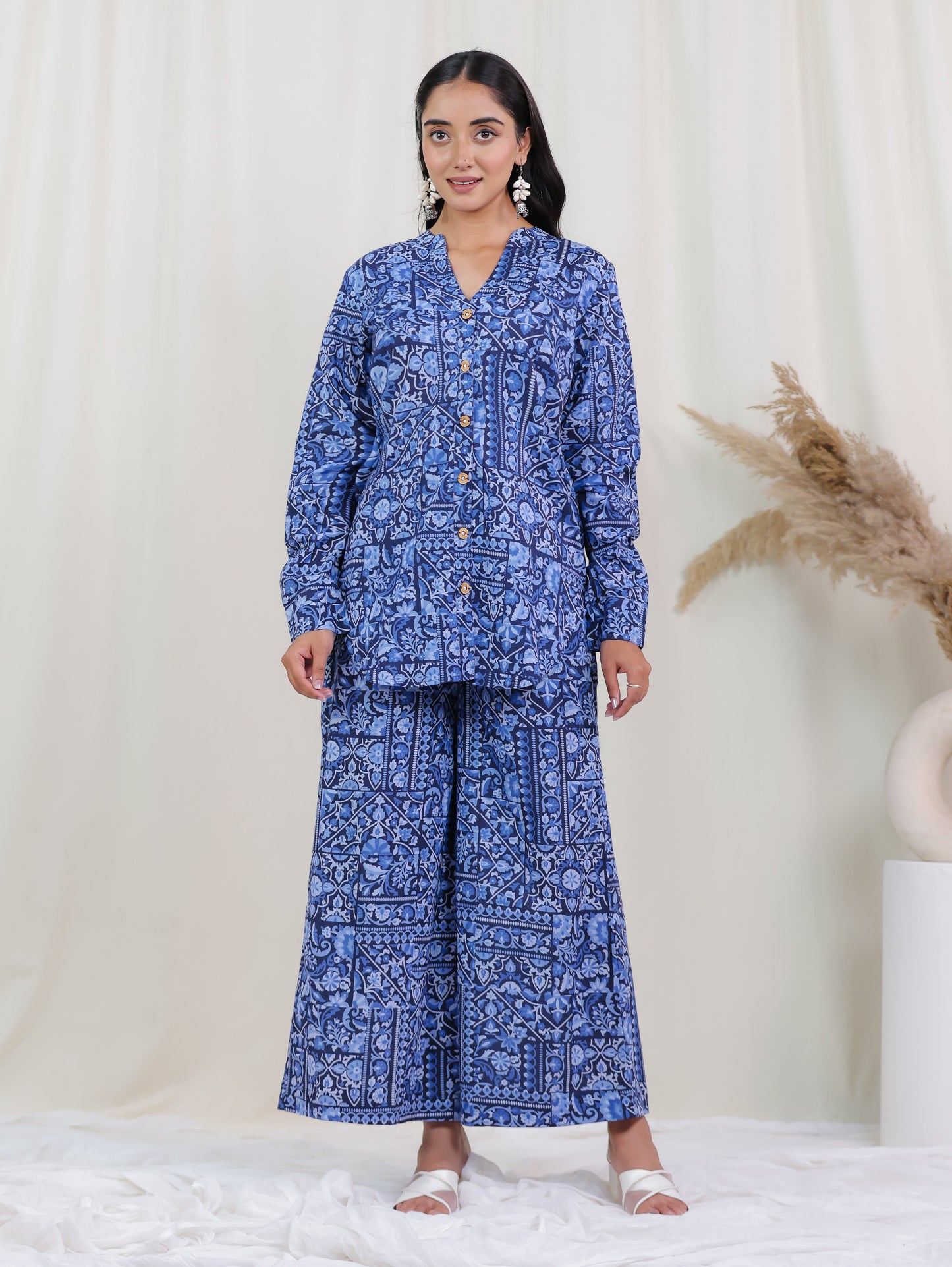 Soft Cotton Patchwork Straight Navy Blue Tunic