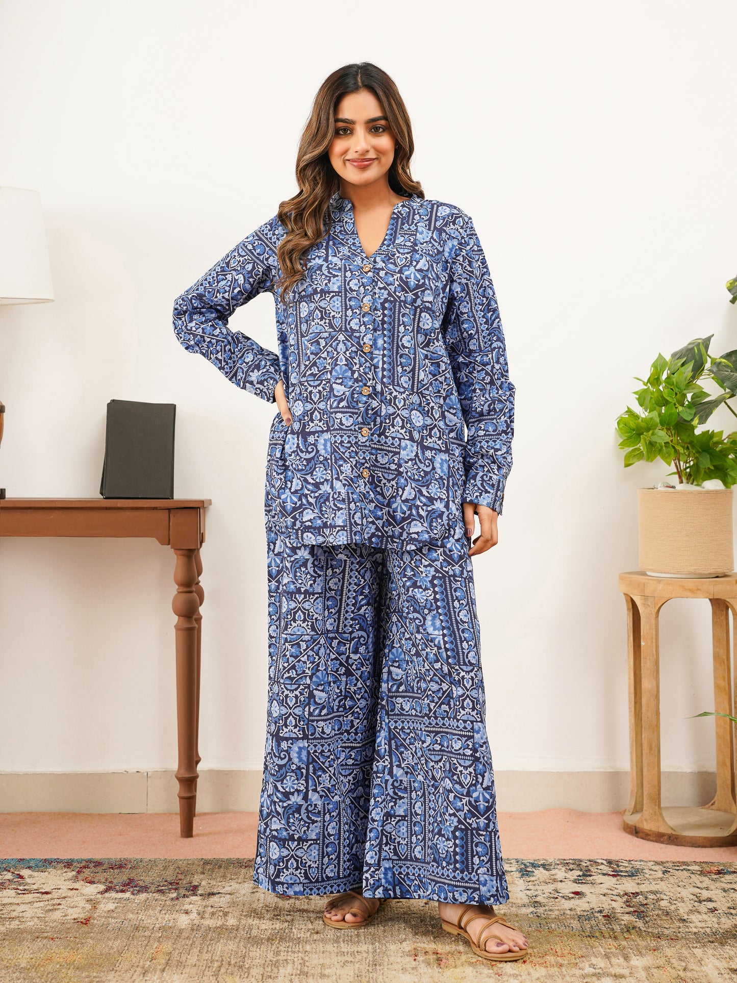 Soft Cotton Patchwork Straight Navy Blue Tunic