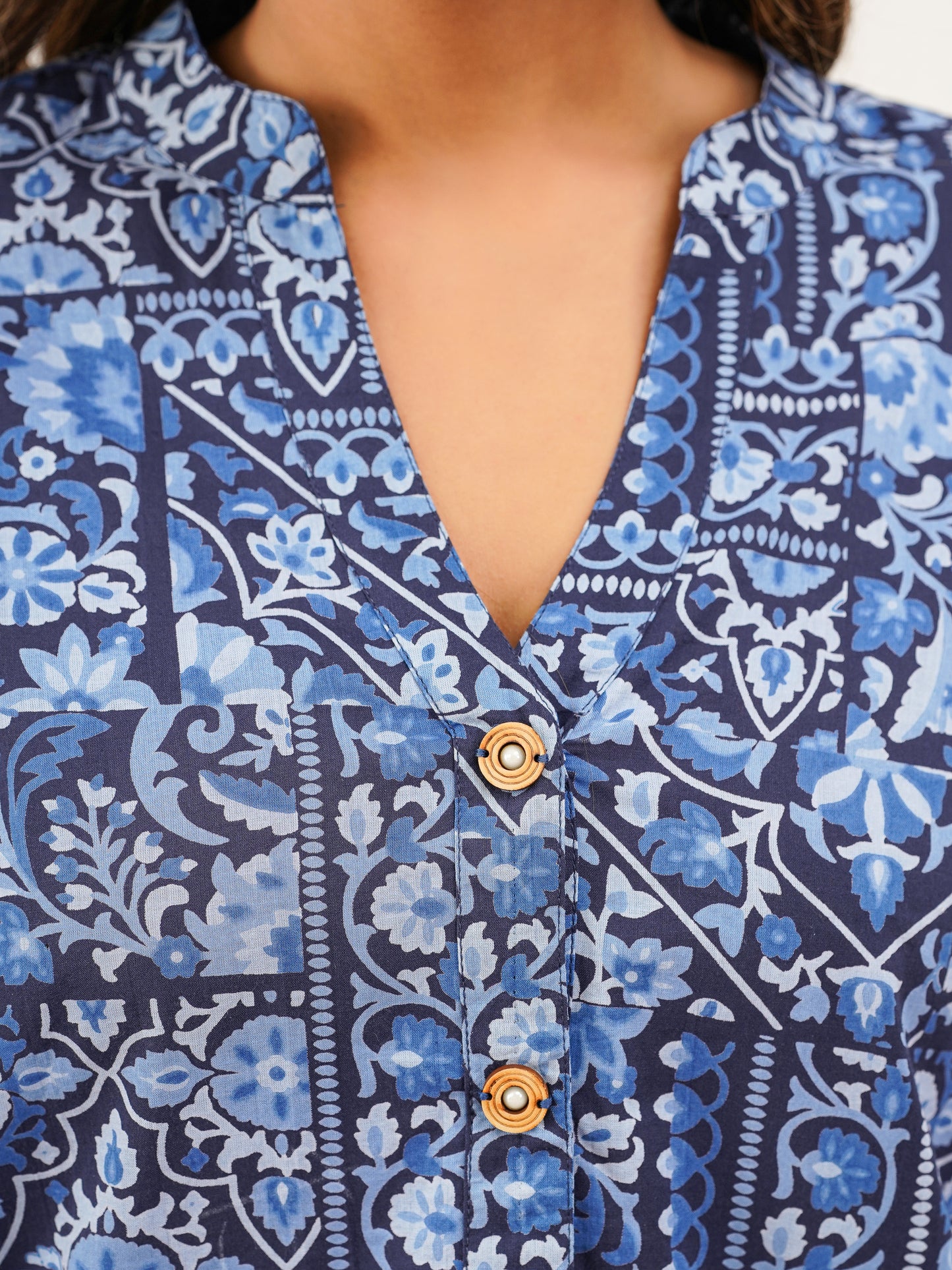 Soft Cotton Patchwork Straight Navy Blue Tunic