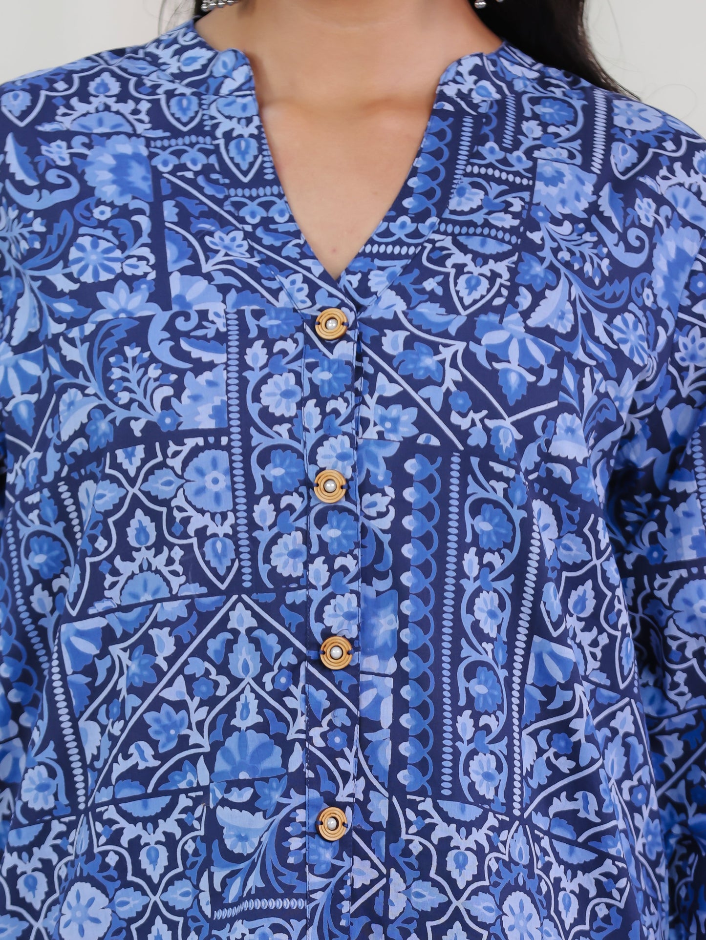 Soft Cotton Patchwork Straight Navy Blue Tunic