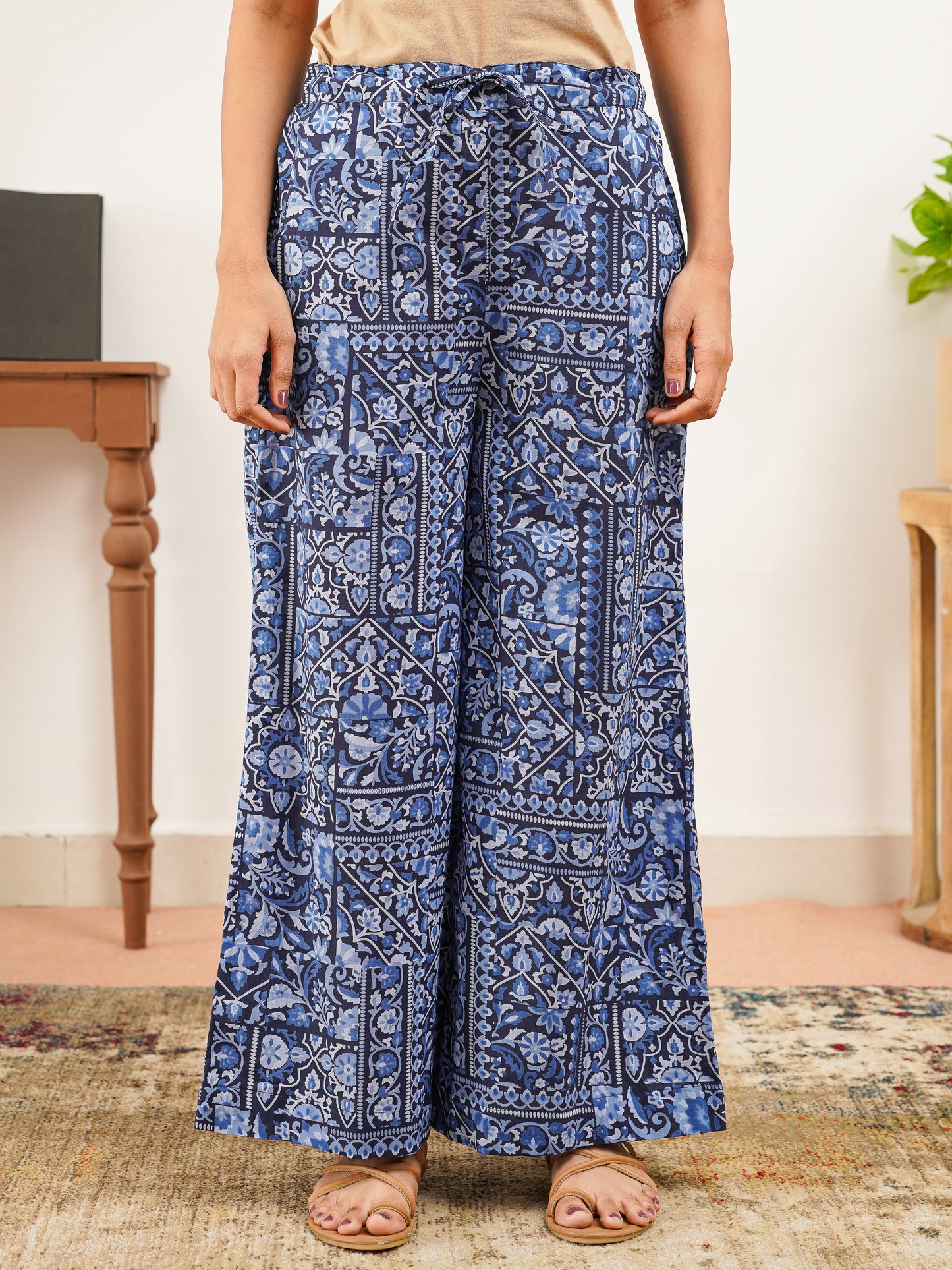 Soft Cotton Patchwork Straight Navy Blue Tunic