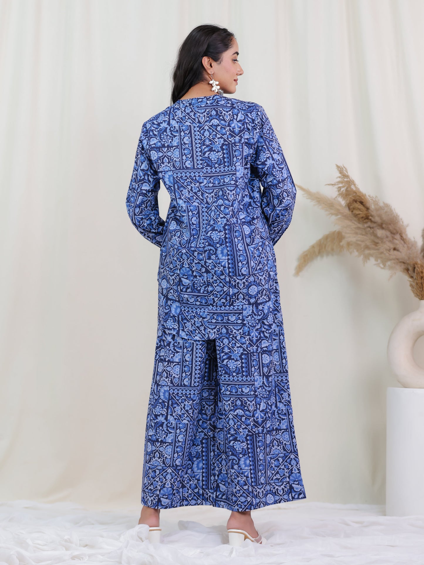 Soft Cotton Patchwork Straight Navy Blue Tunic