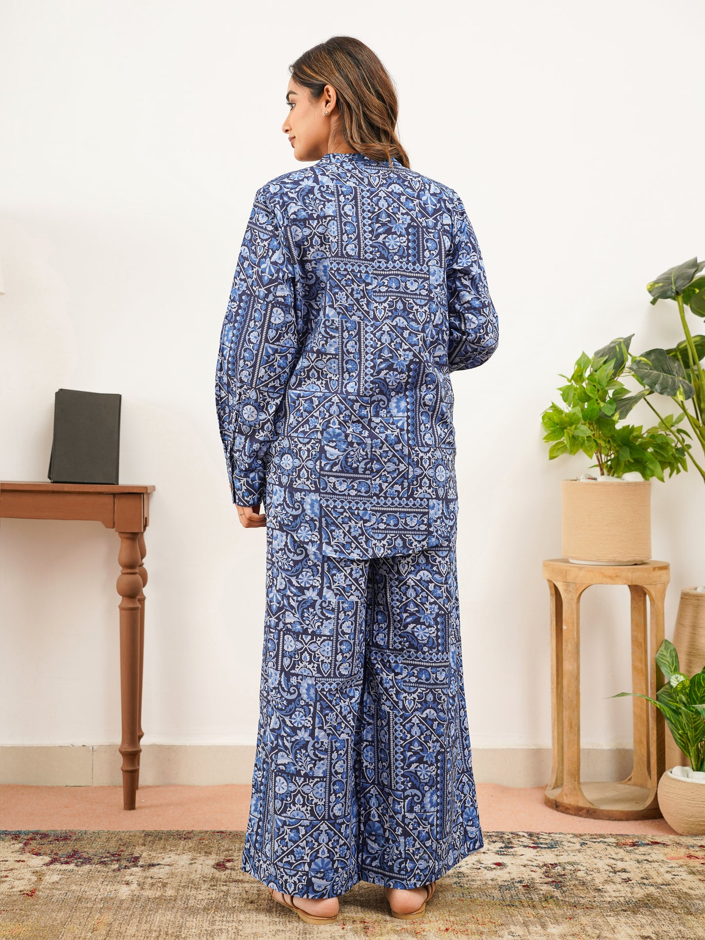 Soft Cotton Patchwork Straight Navy Blue Tunic