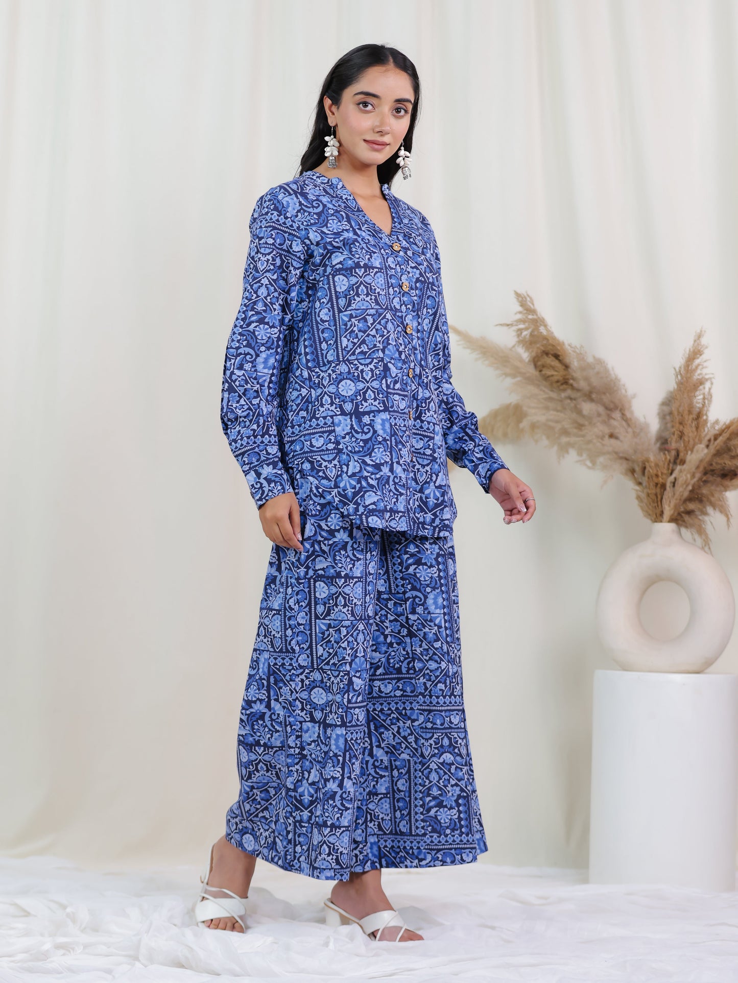 Soft Cotton Patchwork Straight Navy Blue Tunic
