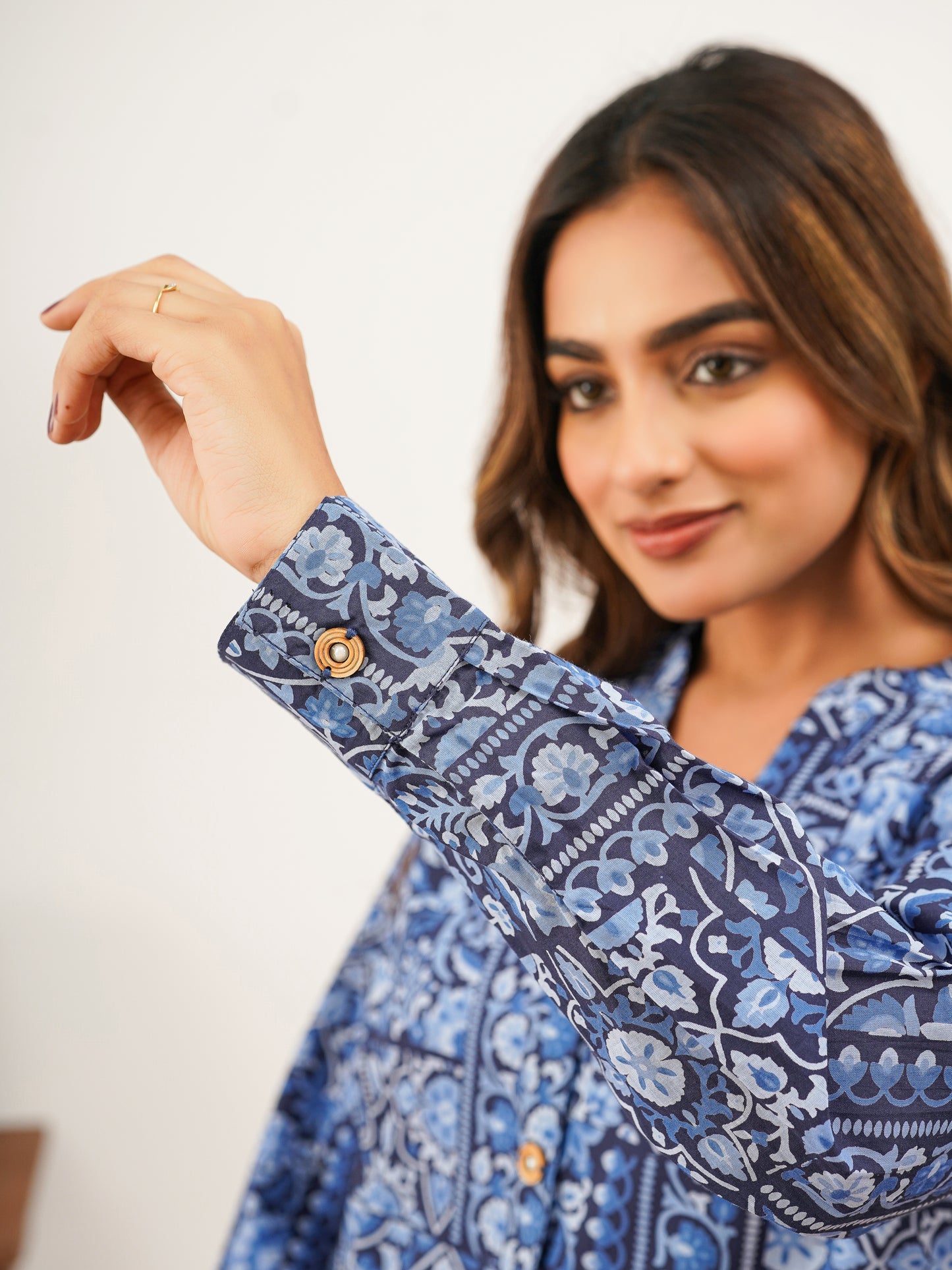 Soft Cotton Patchwork Straight Navy Blue Tunic