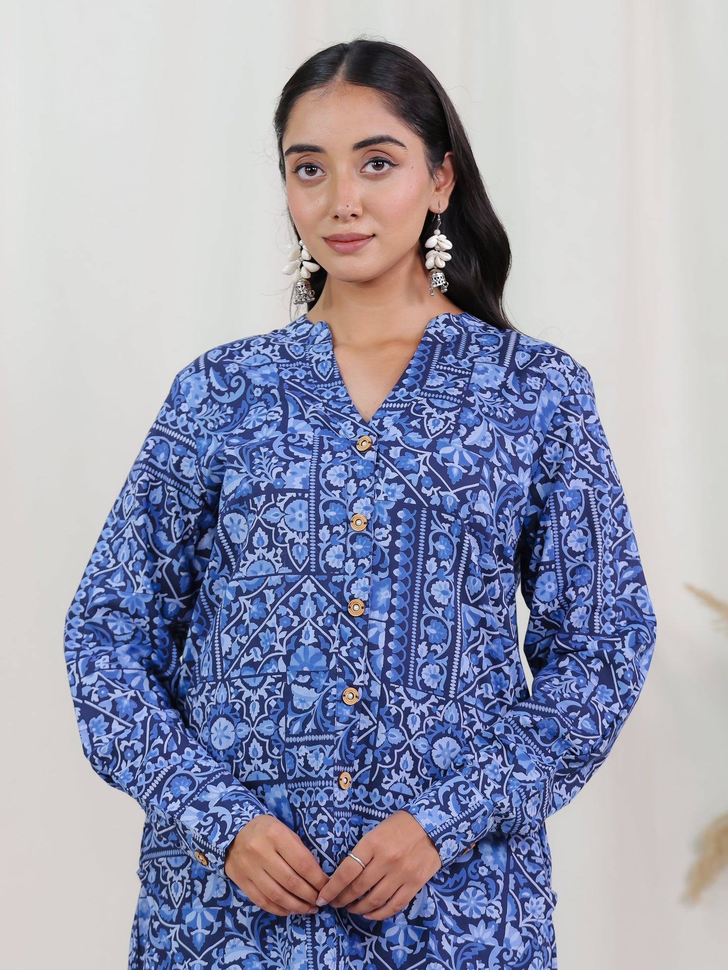 Soft Cotton Patchwork Straight Navy Blue Tunic