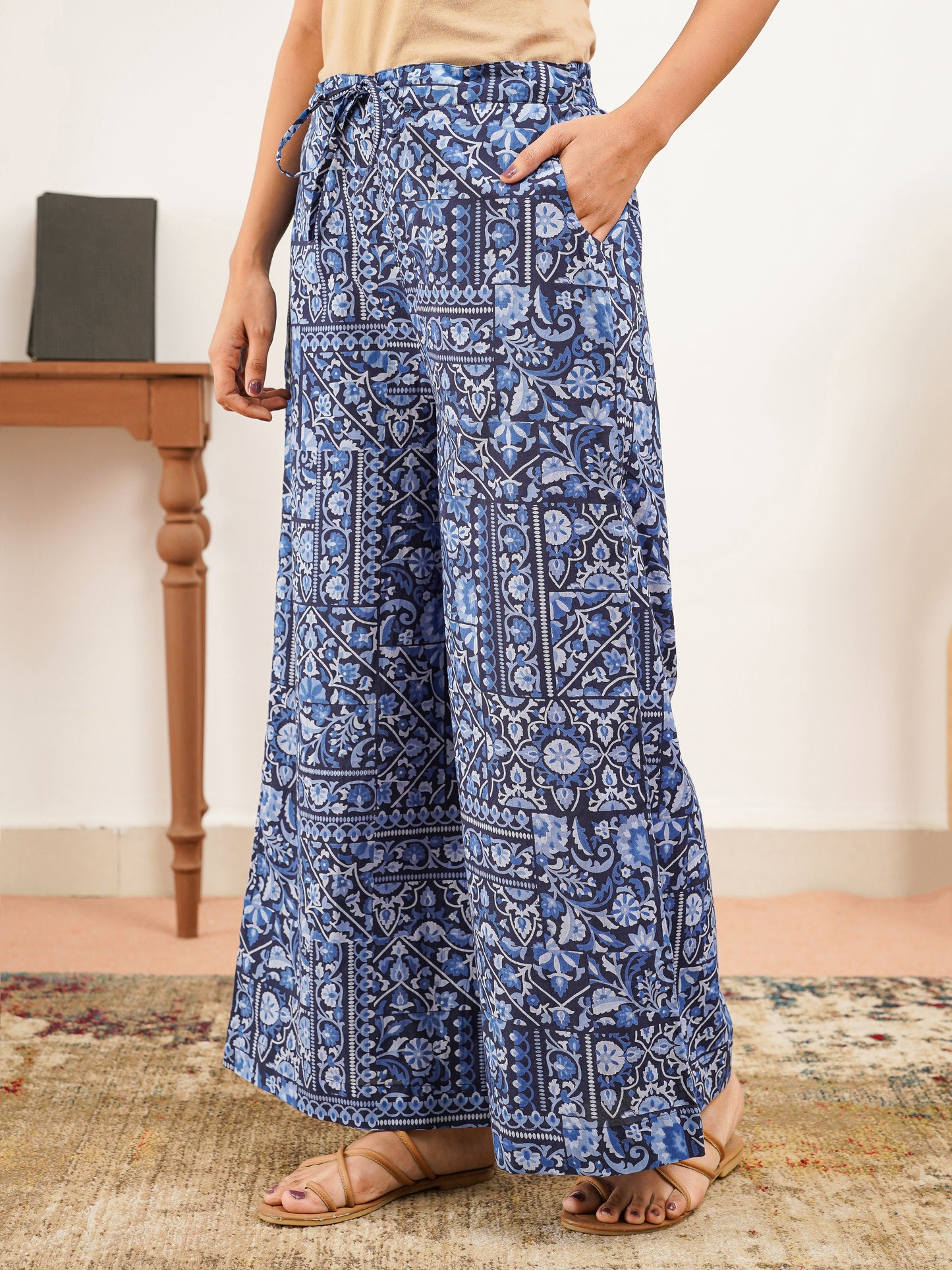 Soft Cotton Patchwork Straight Navy Blue Tunic