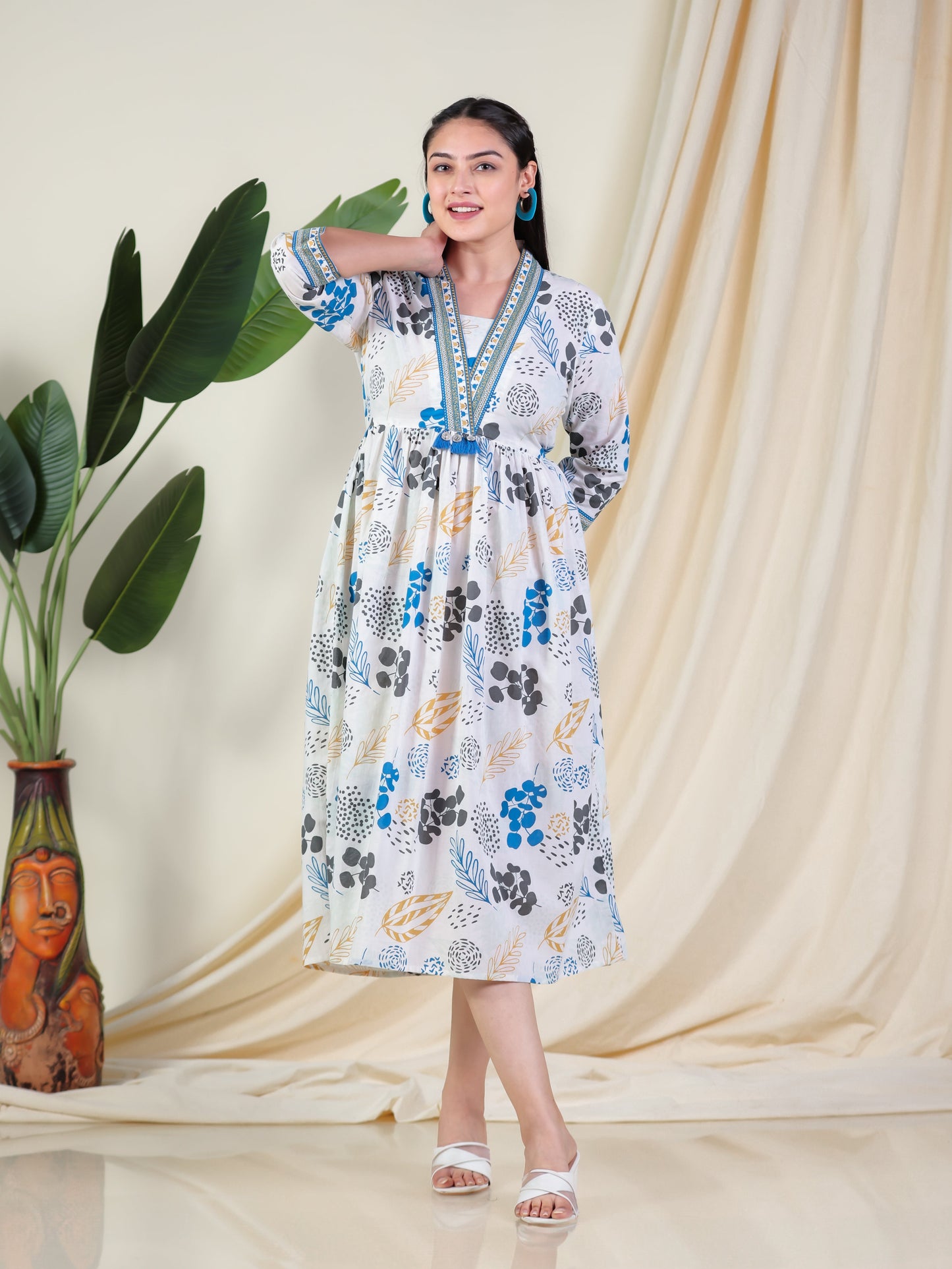 Soft Cotton Foliage Anarkali White Dress