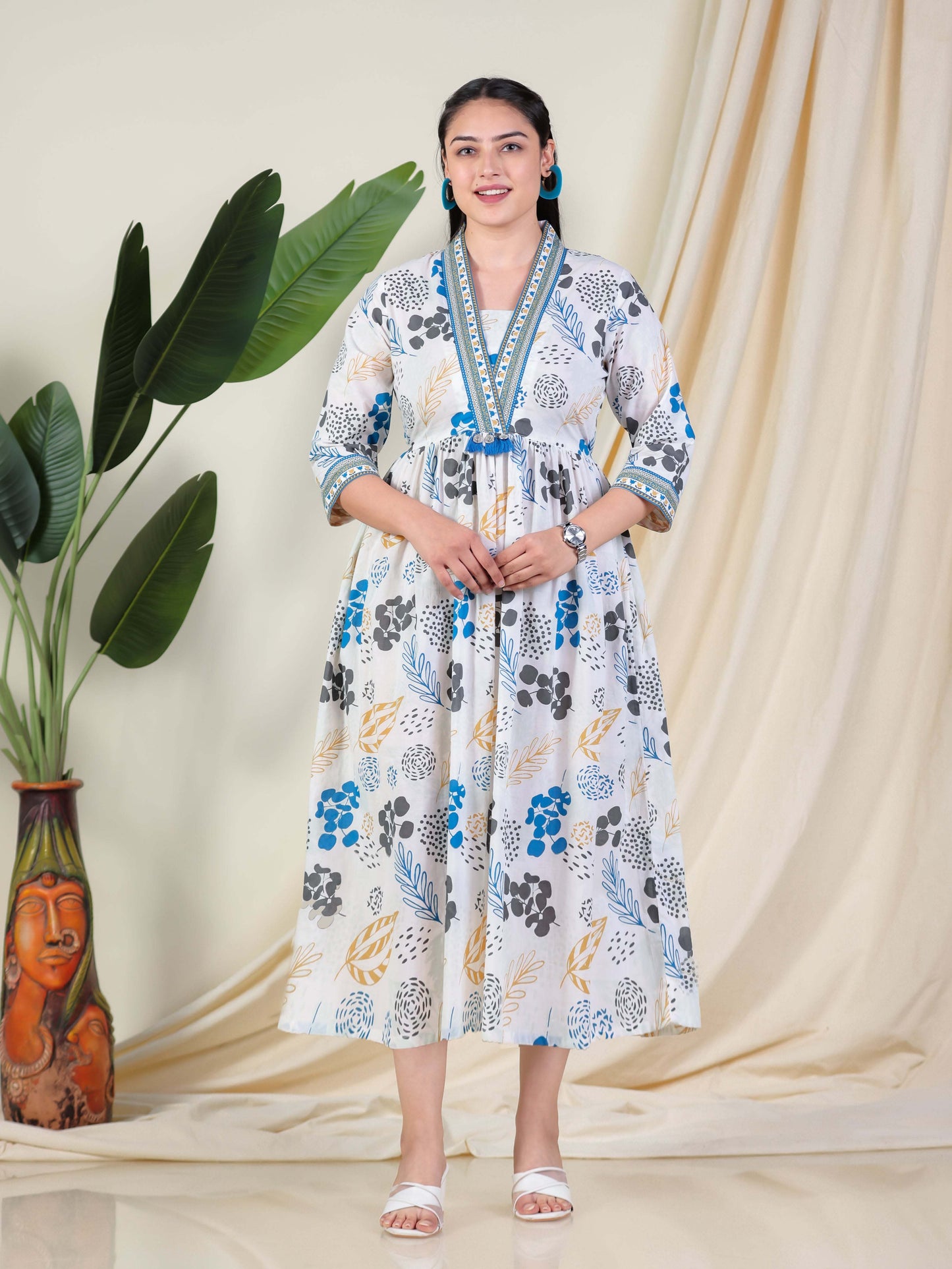 Soft Cotton Foliage Anarkali White Dress