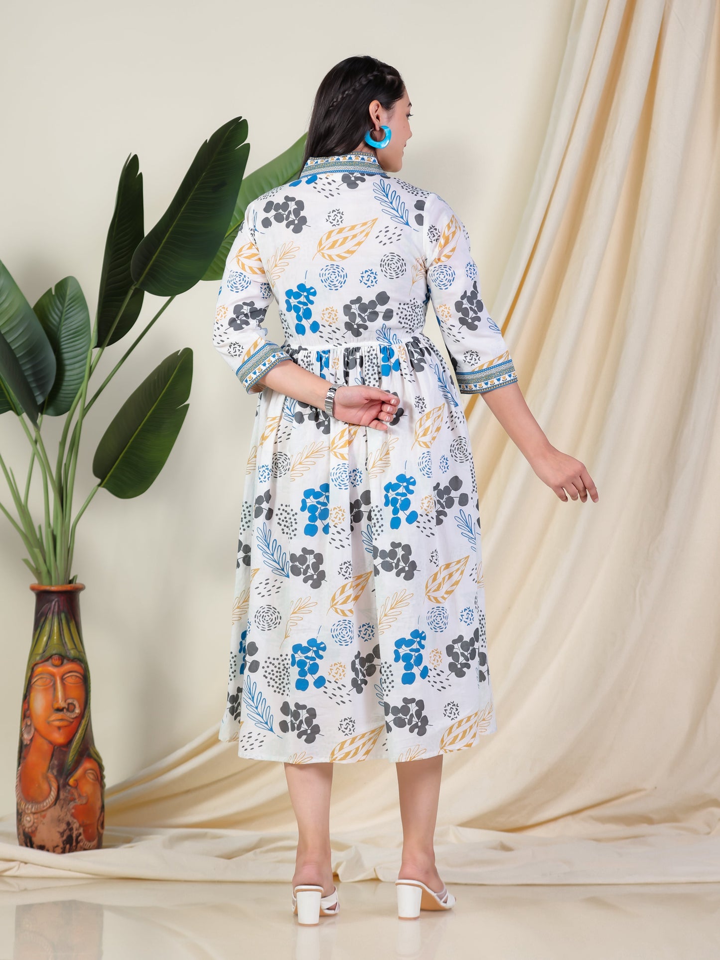 Soft Cotton Foliage Anarkali White Dress