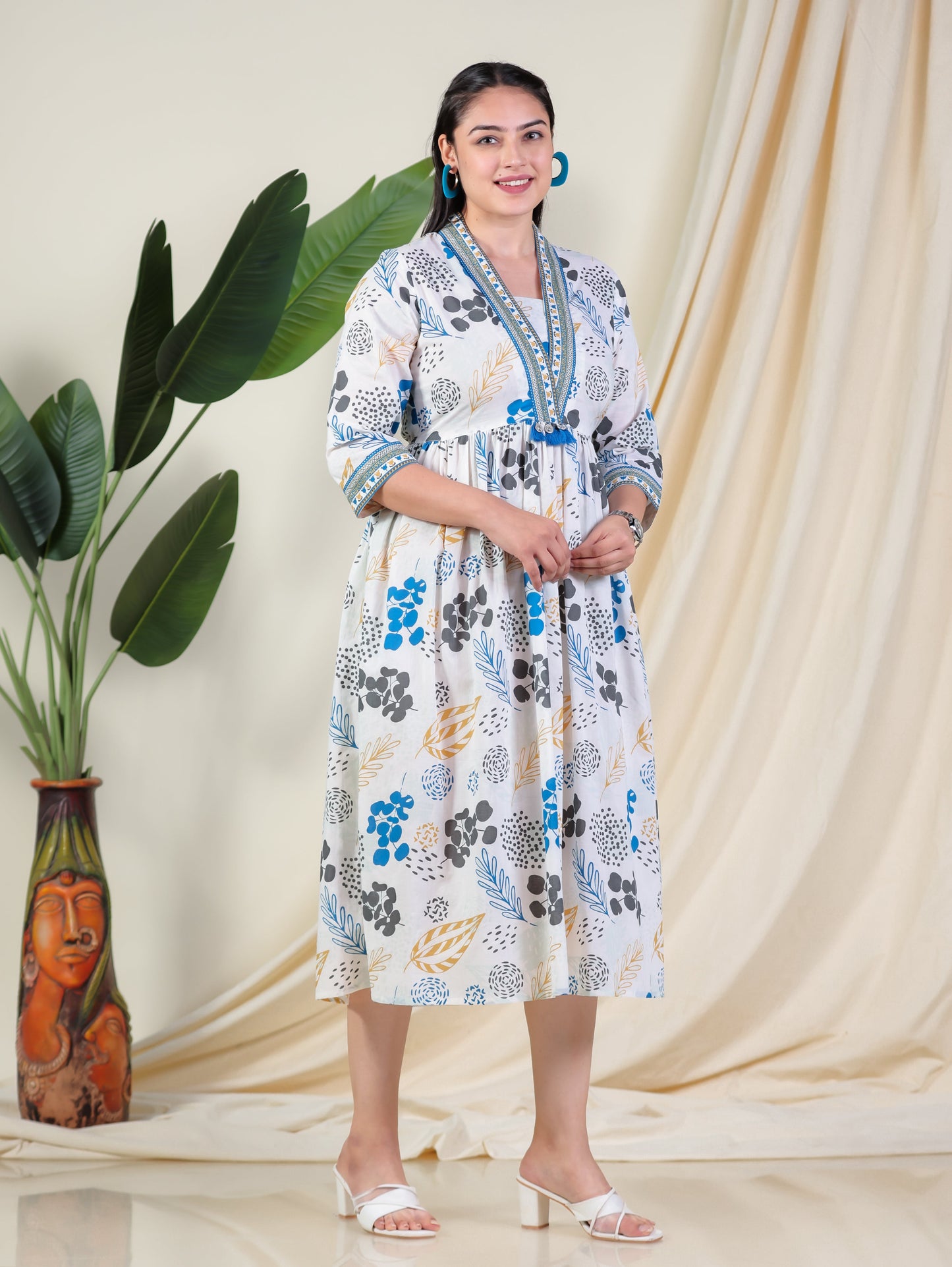 Soft Cotton Foliage Anarkali White Dress