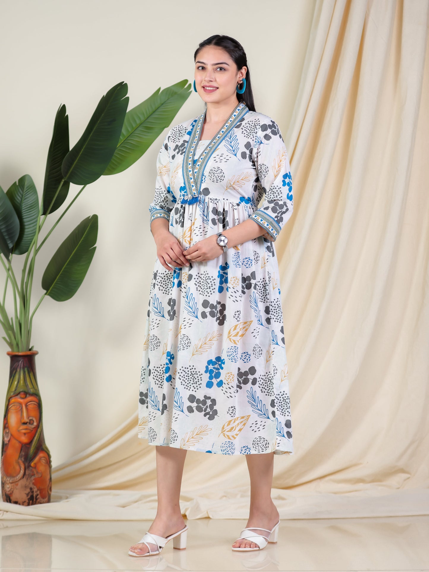 Soft Cotton Foliage Anarkali White Dress
