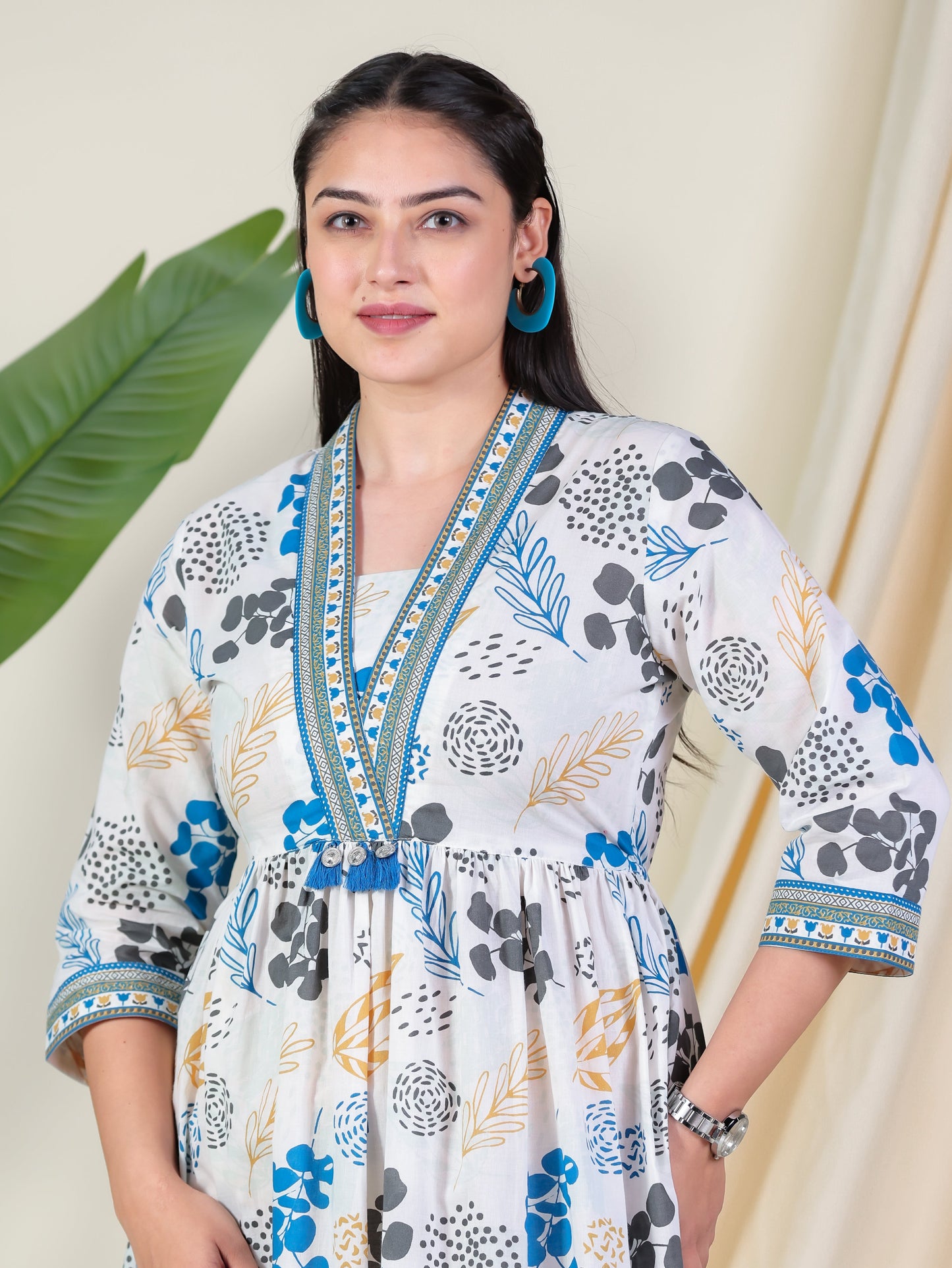 Soft Cotton Foliage Anarkali White Dress